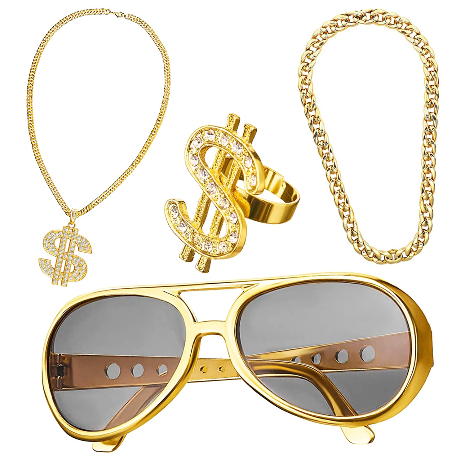HIQE-FL 4-piece dollar chain set, hiphop jewellery, hip hop costume set, 80s outfit, men's costume, gangster chain, rapper accessories, fancy dress and carnival for 70s, 80s, 90s accessories, (, 通号