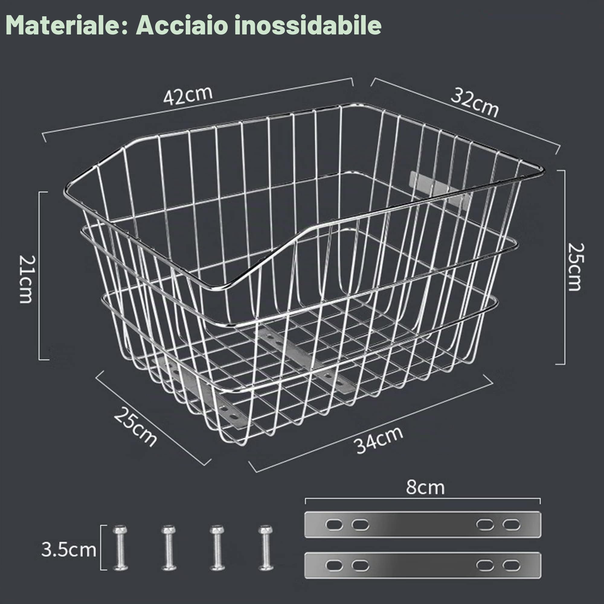 Cestino Bicicletta Posteriore Acciaio Inox 30L Peso 50kg Adatto a Biciclette e Biciclette Elettriche Portapacchi Posteriore