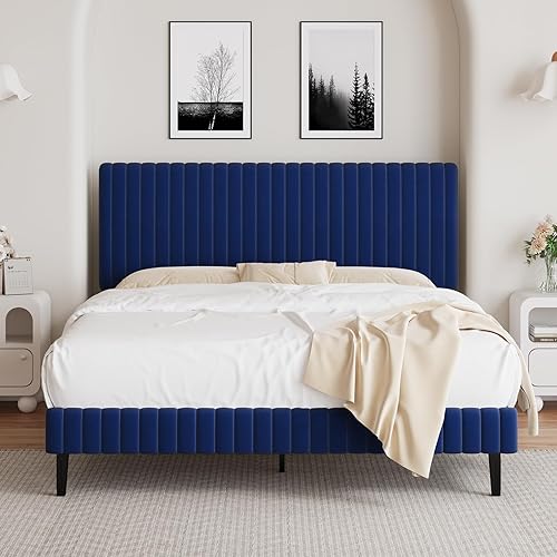 BarnFurin Base de cama tamaño Queen con cabecera ajustable, plataforma tapizada de terciopelo con diseño capitoné de canal vertical, no requiere
