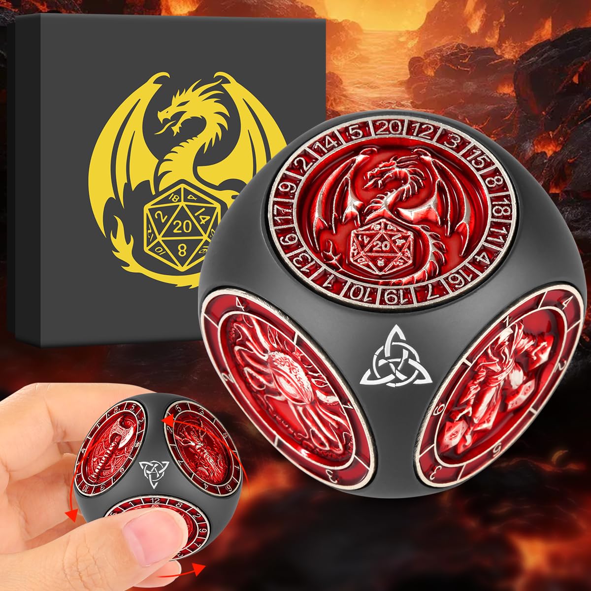 DND Rotanti Dadi Spinner, 7-in-1 Dadi in Metallo con Rilievo 3D, Dadis Poliedrici Rotanti D&D, Regali DND con Scatola Regalo con Logo Drago, Giochi di Ruolo, Accessori per Giochi da Tavolo, Nero+Rosso