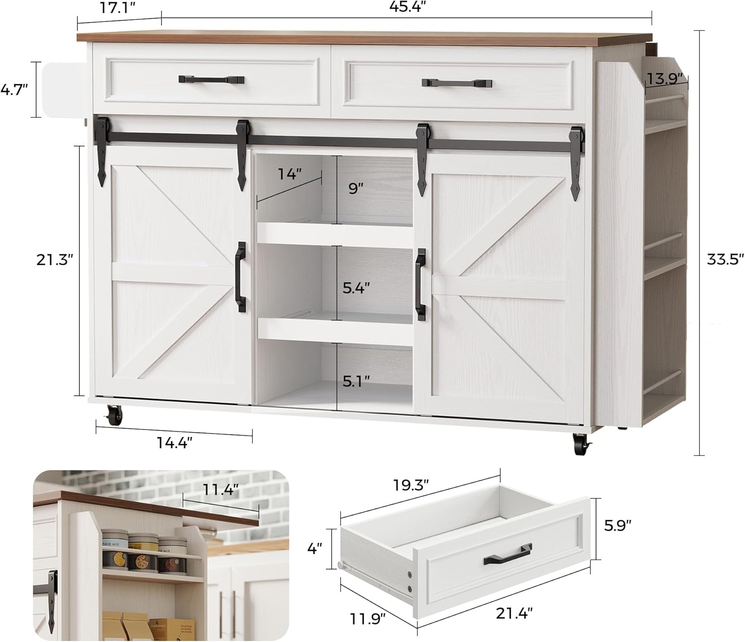 IRONCK Kitchen Island with Storage, Rolling Kitchen Island Cart with Drop Leaf Countertop and Pull-Out Shelf, Barn Doors, for Dining Room, Home Bar, White