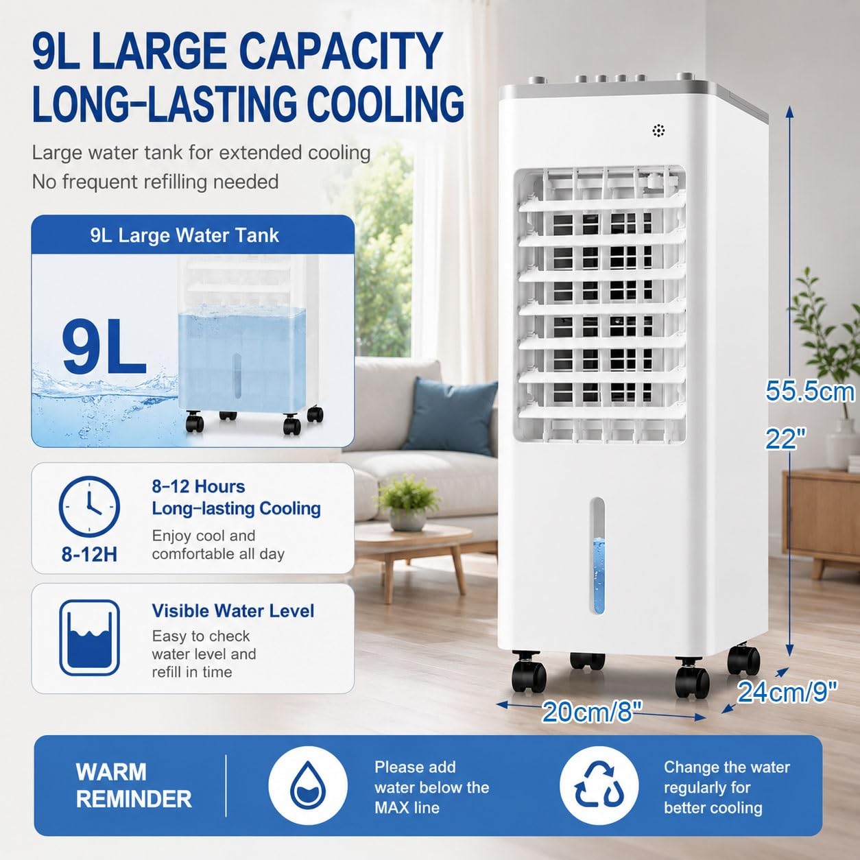 Climatizador Evaporativo 9L, Aire Acondicionado Portátil sin Tubo con Perillas Mecánicas, 90° Oscilación, 4 Acumuladores de Hielo para Hogar