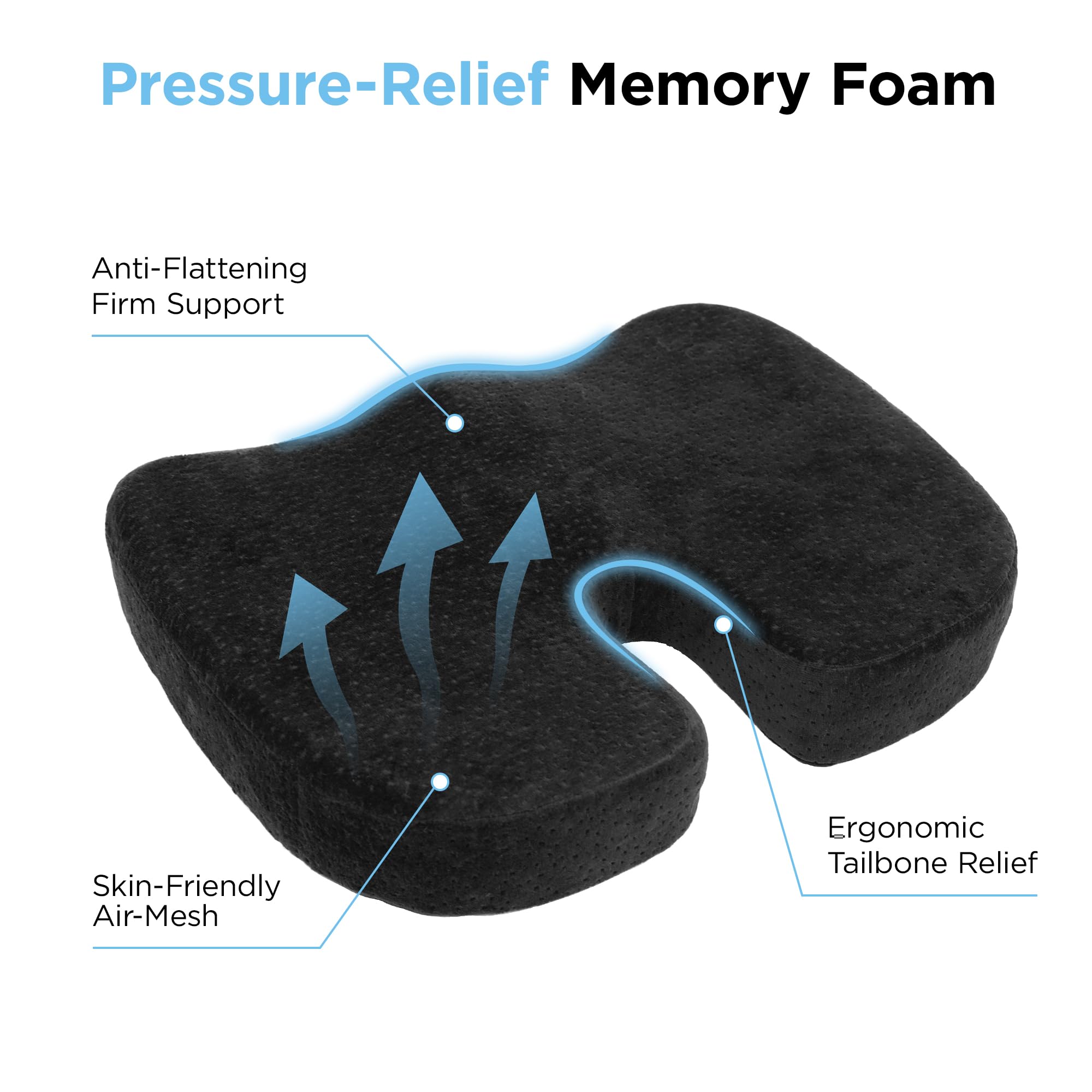 Aurora Health & Beauty Memory Foam Sitzkissen für Bürostuhl, Autositz & Schreibtisch, Hüft-Steißbeinkissen für Steißbein & Ischias, Schmerzlinderung, Schwarz