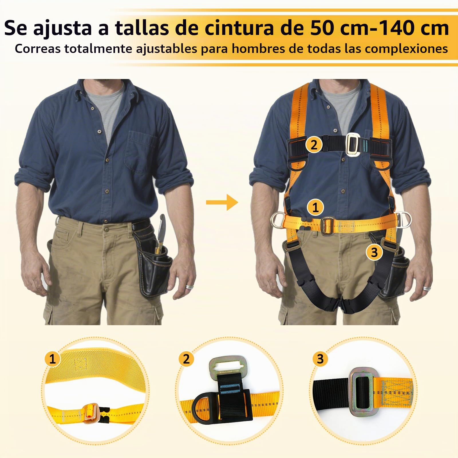 JAOGAUS Arnés de seguridad anticaídas con doble cuerda y ganchos, arnes corporal ajustable para hombre, construcción, escalada, tejados, trabajo en altura, carga 100 kg, cumple con EN 361/354/355