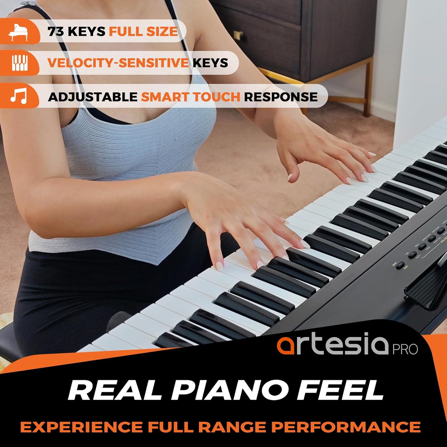 Artesia Portable 73 Key Weighted Keyboard With Full-Sized Velocity Sensitive Keys, Digital Piano Beginner Set Include AMH-10 Headphones, Dust Cover, Keyboard Stickers and Free Melodics Piano Lessons