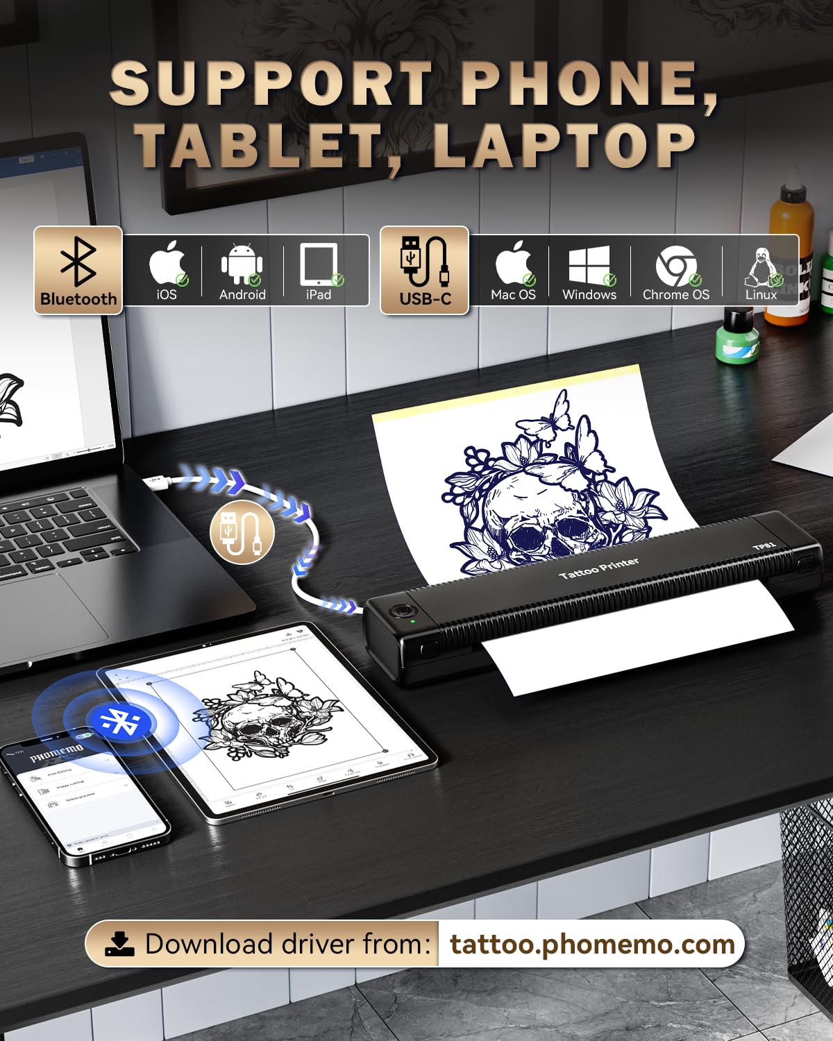 TP81 Stencil Drucker, Thermodrucker Tattoo, Bluetooth Tattoo Drucker mit 10 Blatt Tattoo Papier, Kompatibel mit Android, iOS und Laptop, Tattoo Zubehör