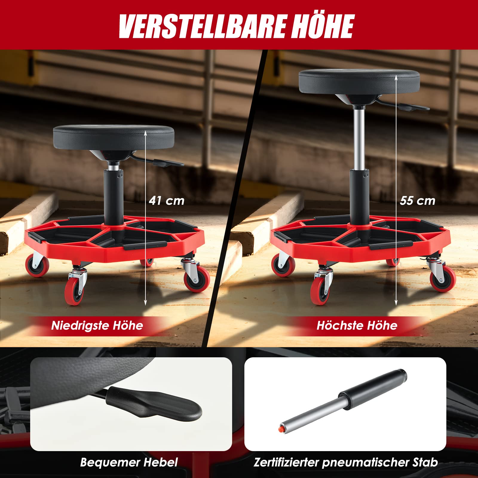 COSTWAY Werkstatthocker, Werkstatt Rollsitz 150 kg belastbar, 41-55cm höhenverstellbar, Werkstattsitz mit Ablage & 4 Rollen, Arbeitshocker für Werkzeug, Pneumatischer Rollhocker (Rot)
