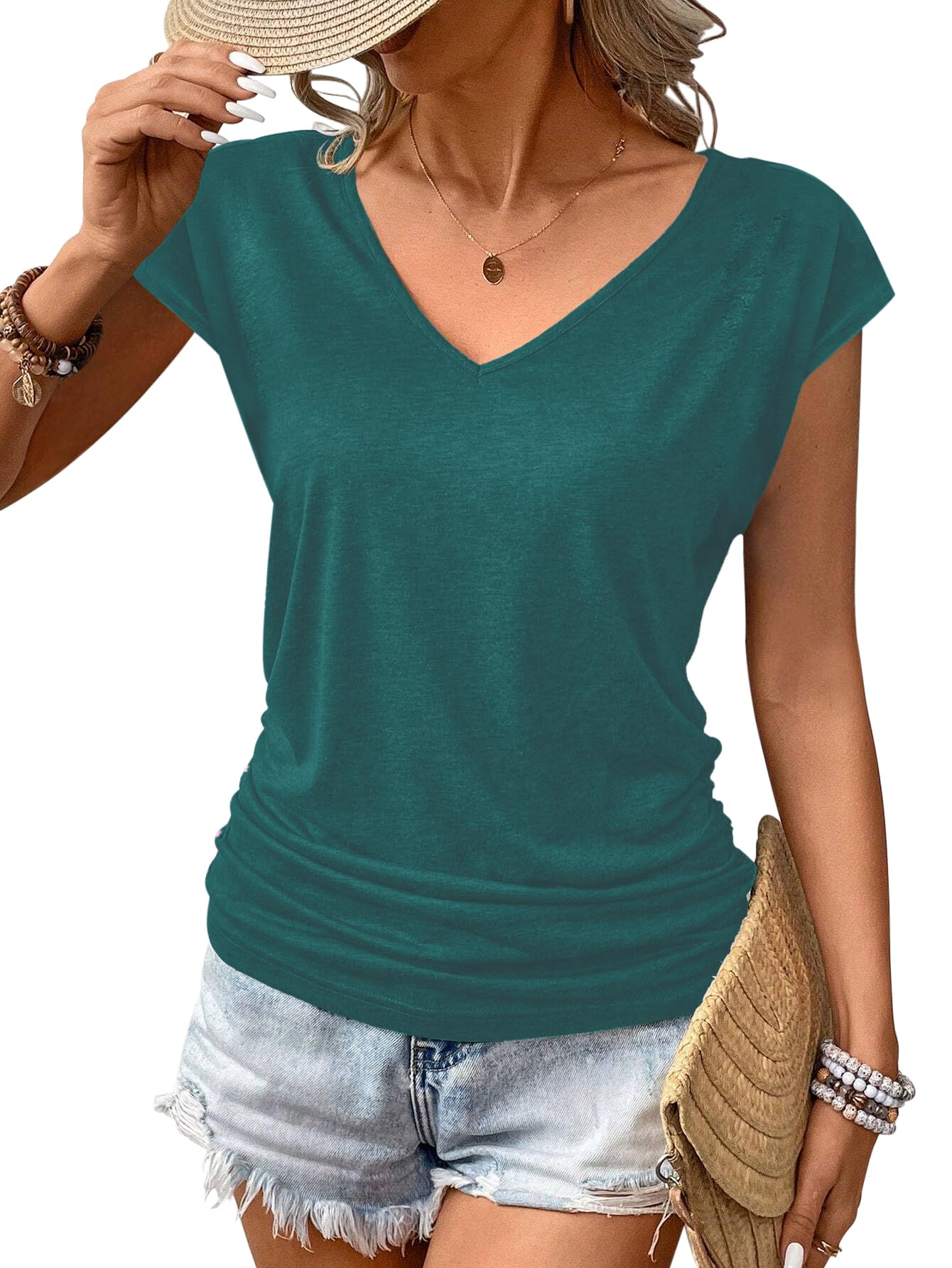 Zeagoo Top Damen Sommer Tank Top Ärmellose Shirt V-Ausschnitt Oberteile Flügelärmeln Tshirt Basic Stretch Tops mit Falten S-XXL