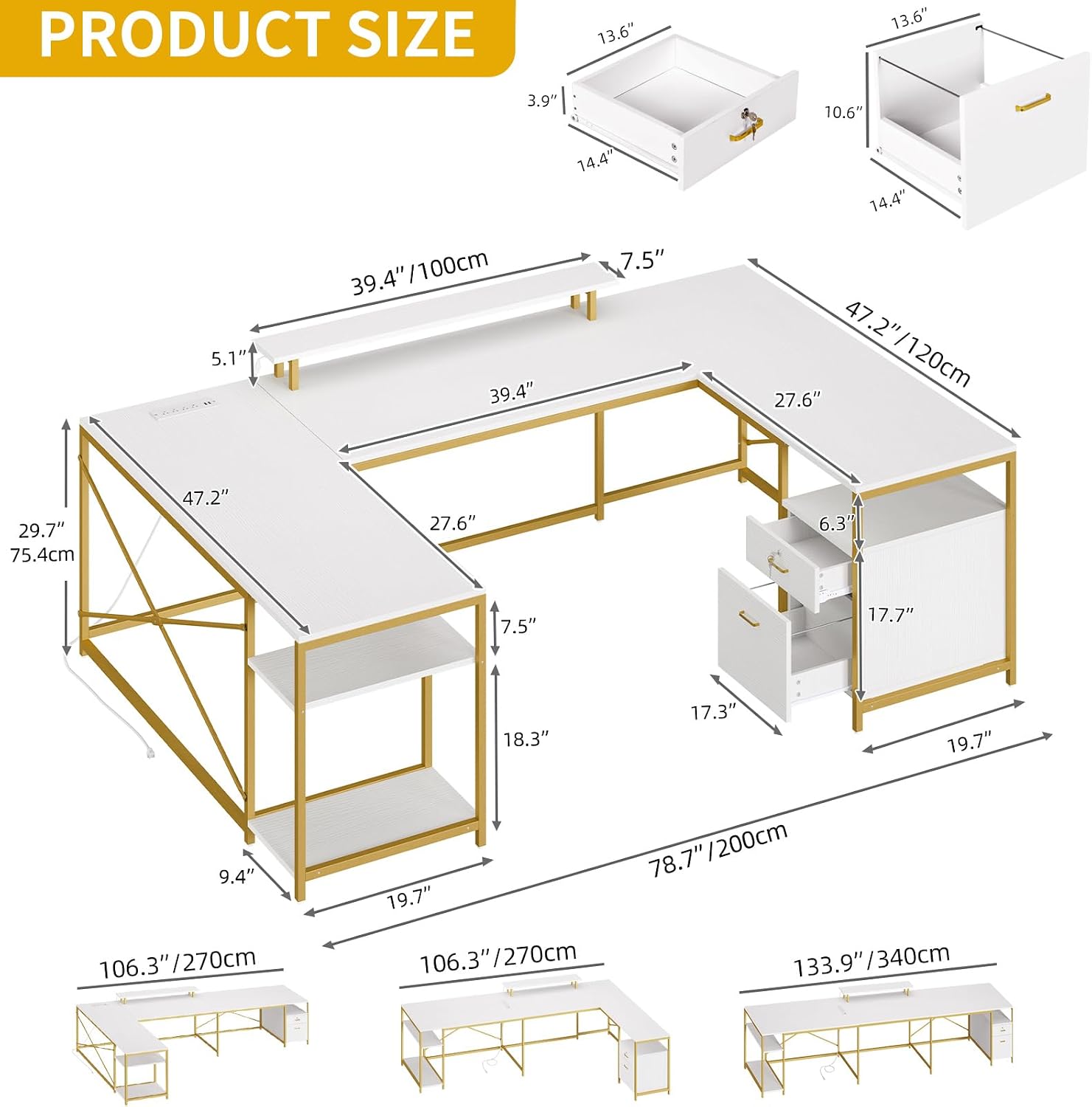 DWVO U Shaped Desk with Drawers, 79" Reversible L Shaped Desk with Power Outlets & LED Lights, Corner Computer Desk with Monitor Stand & Storage Shelves, White & Gold