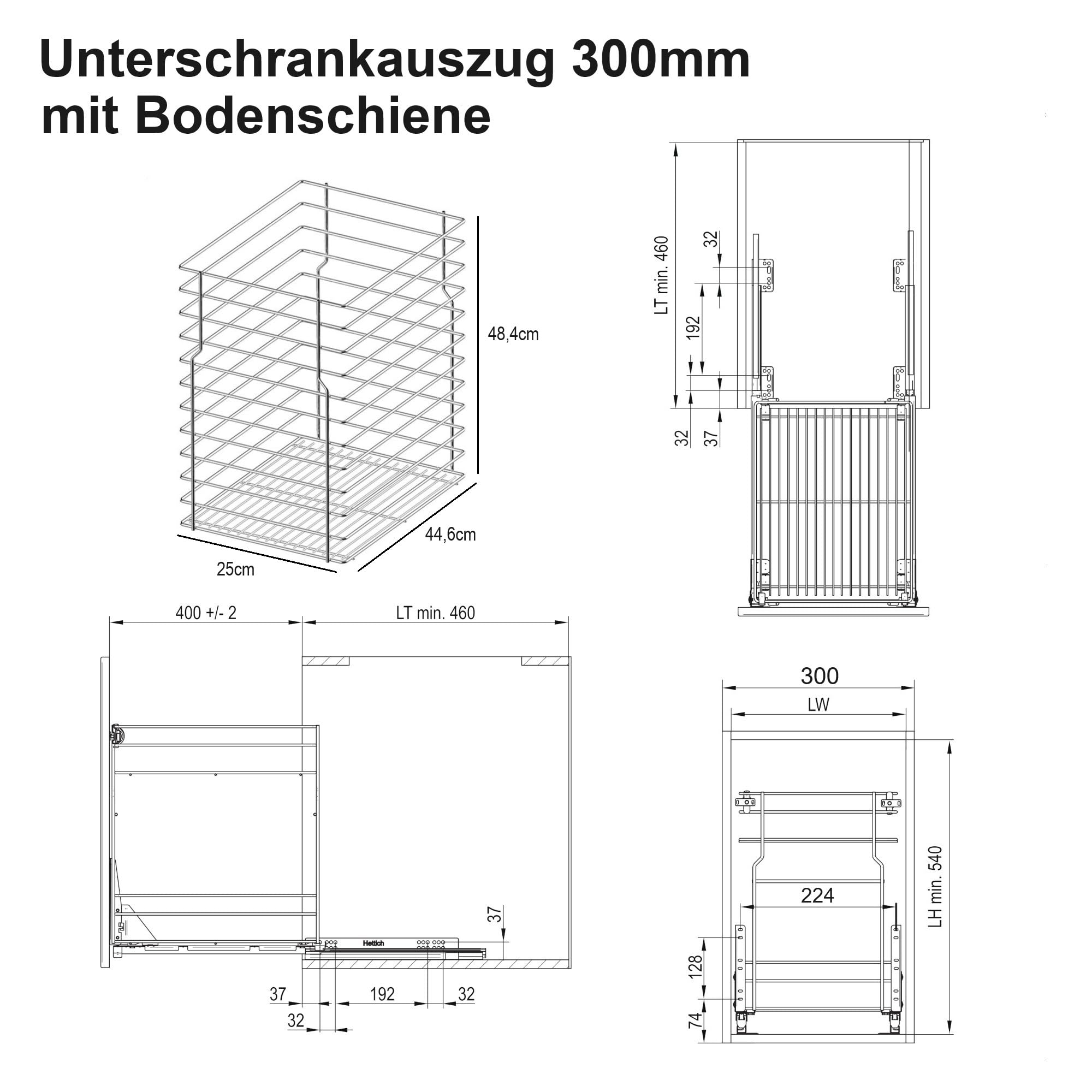 Schrankauszug Küche mit Bodenscheine Softclose [300mm] | Auszug Küchenschrank - 1 Etage | Unterschrankauszug Chrome | Vollauszug Bodenmontage | Küchenschrank Organizer Ausziehbar