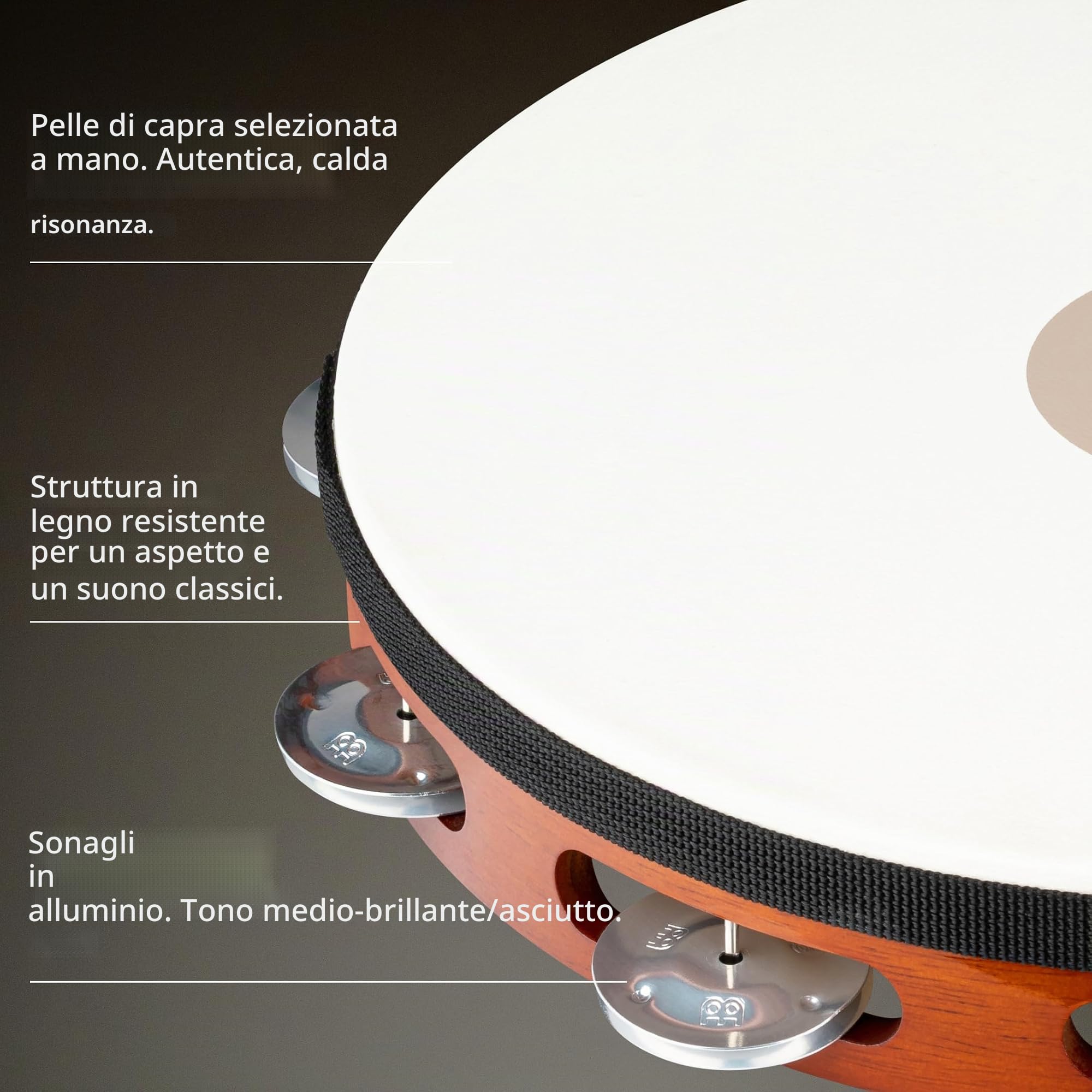 Meinl Percussion TAH1A-AB - Tamburello in legno con testa di Pelle e 1 Fila di sonagli d'alluminio nel telaio, Diametro: 25,40 cm (10''), Colore marrone