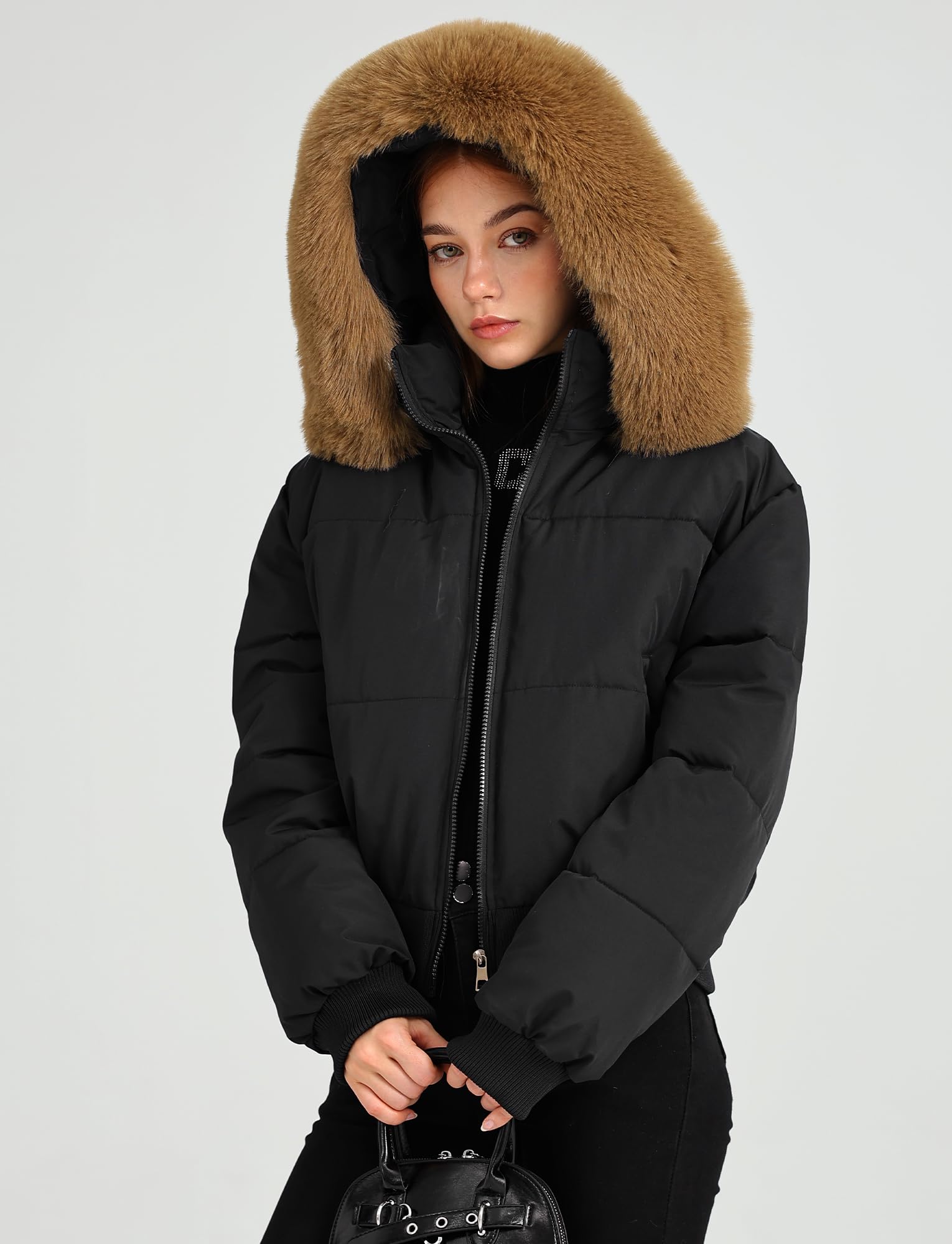Maeau - Manteau Court à Capuche Col en Fourrure Amovible Femme Veste Hiver Chaude M-XXL