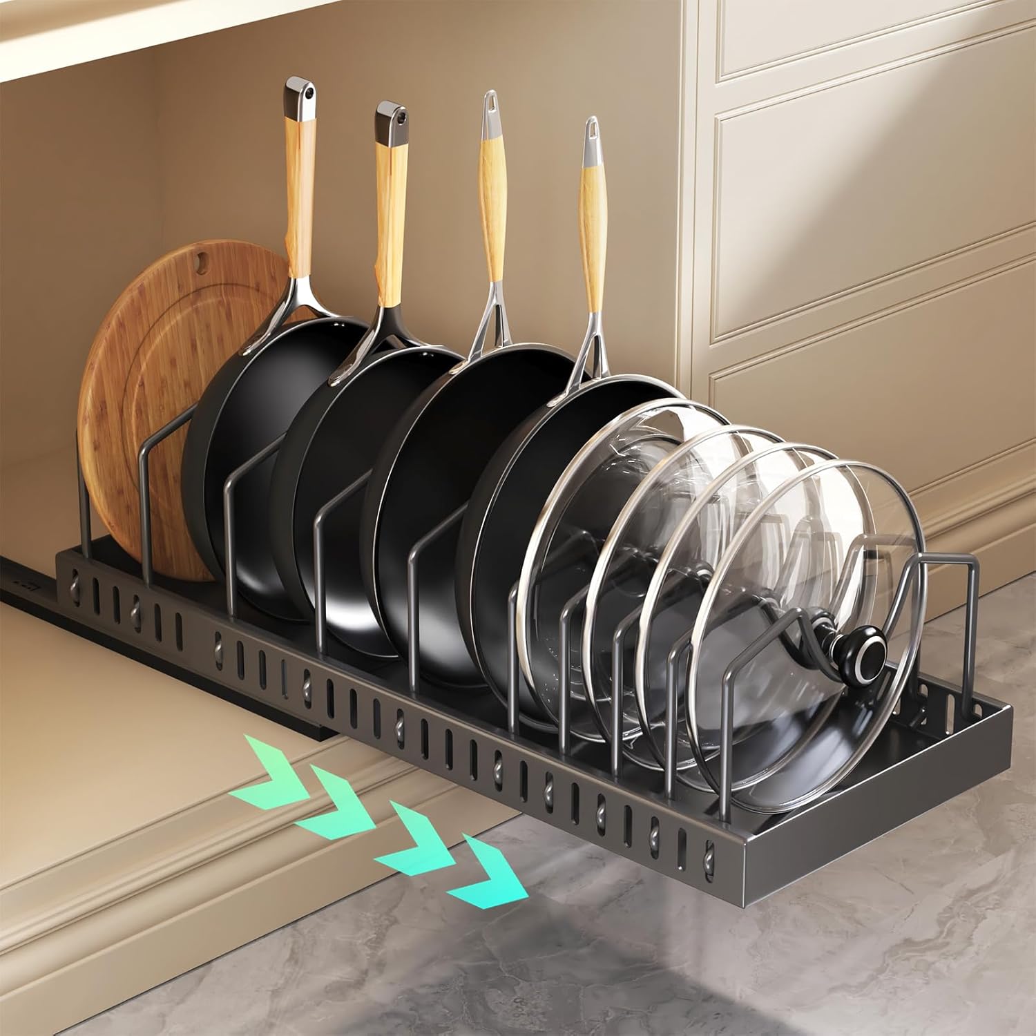 Pull Out Pots and Pans Organizer Under Cabinet, Expandable Sliding Lid Holder and Pan Rack for Kitchen, Slide Out inside Cabinet for Pot Lid, Bakeware, Dishes, 10 Adjustable Dividers, 1 Pack Black Black Pull out-Expandable 10 Dividers-1 Pack