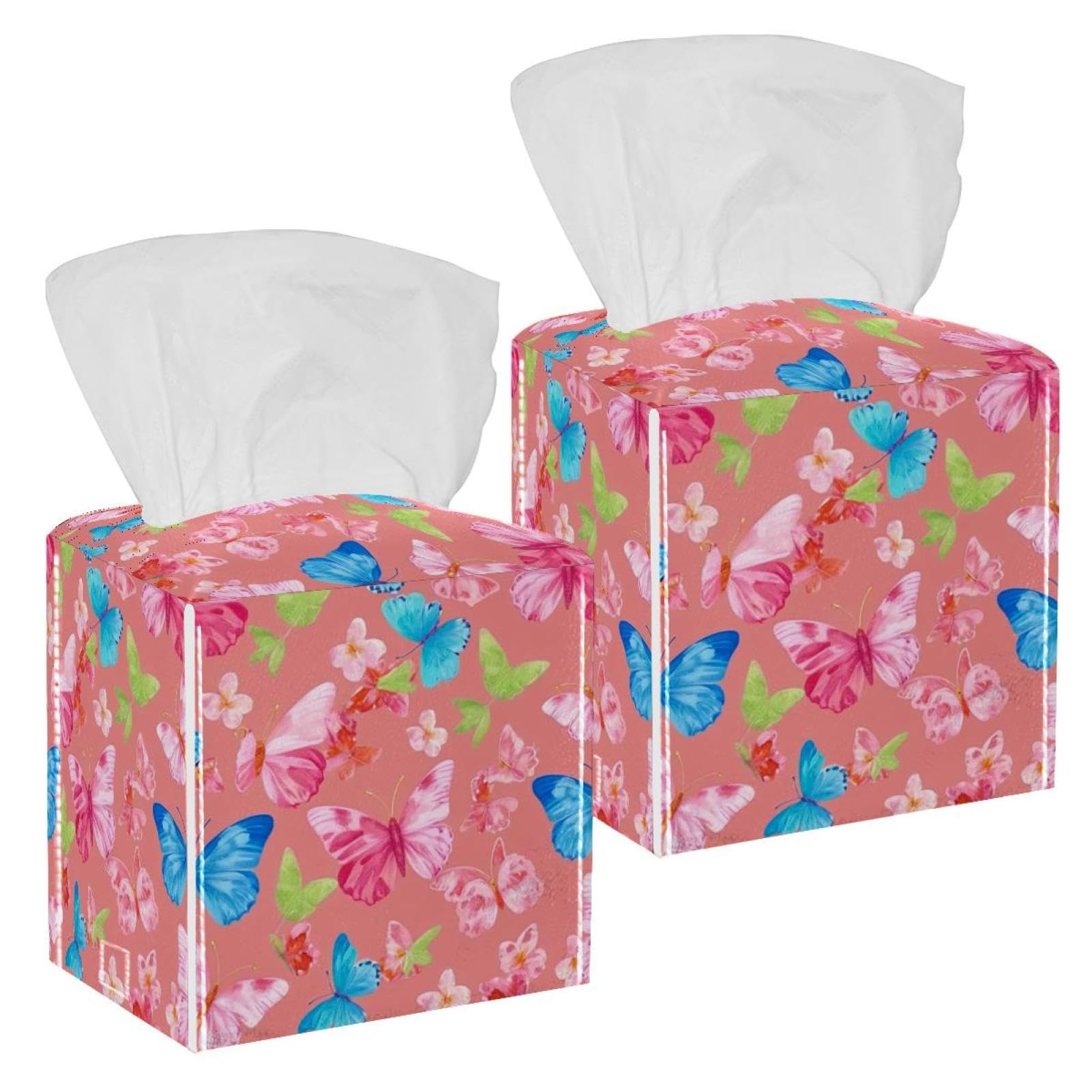 Aesthetic Flower Tissue Box Cover, 2 Pack PU Leather Square Facial Tissue Dispenser Box holder for Home Office Car