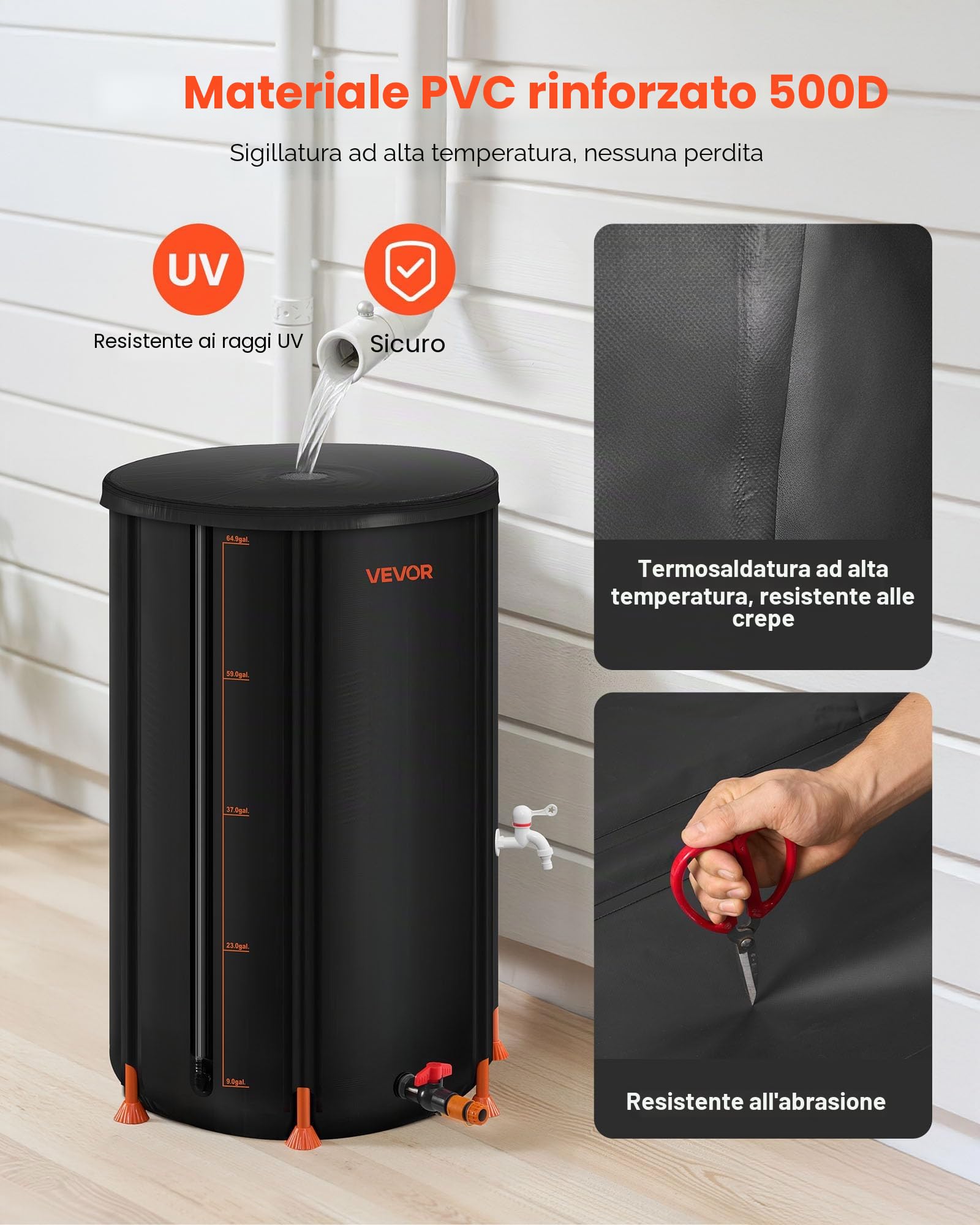 VEVOR Barile di Raccolta dell'Acqua Piovana Pieghevole, da 250 L, Sistema di Raccolta dell'Acqua Piovana, Contenitore Resistente alla Pioggia da Giardino con Rubinetto e Kit di Troppo Pieno, Nero