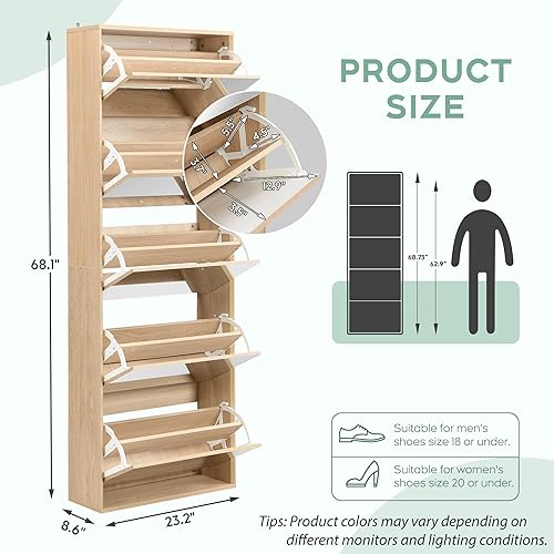 Vista 7 de Yechen Zapatero organizador de almacenamiento con 2 puertas rectangulares naturales de ratán, armario de madera para zapatos de entrada, zapatos