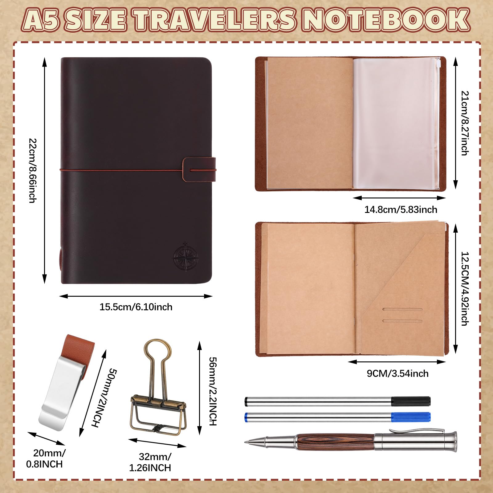 Thenshop Diario de viaje de cuero recargable, hecho a mano, para hombres y mujeres, con 3 insertos para cuaderno, soporte para bolígrafos, clip para carpeta