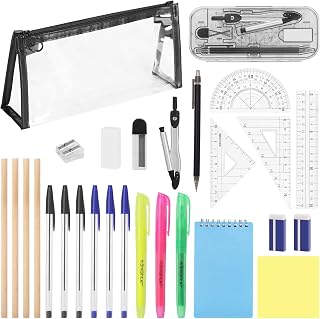 26pcs Back To School Stationery Set, Clear Pencil Case With Stationery Included, Exam Essentials Supplies Set With Graphite Pencils, 3 Highlighter, 6 Ballpoint Pen, 2 Eraser, Compass, Pencil Case