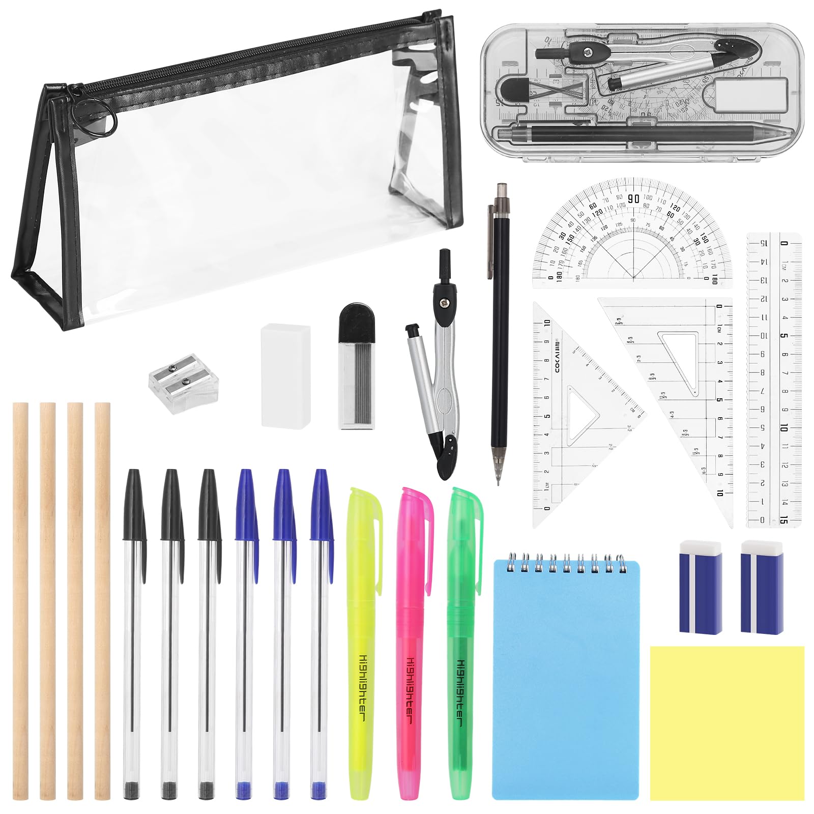 26pcs Back To School Stationery Set, Clear Pencil Case With Stationery Included, Exam Essentials Supplies Set With Graphite Pencils, 3 Highlighter, 6 Ballpoint Pen, 2 Eraser, Compass, Pencil Case