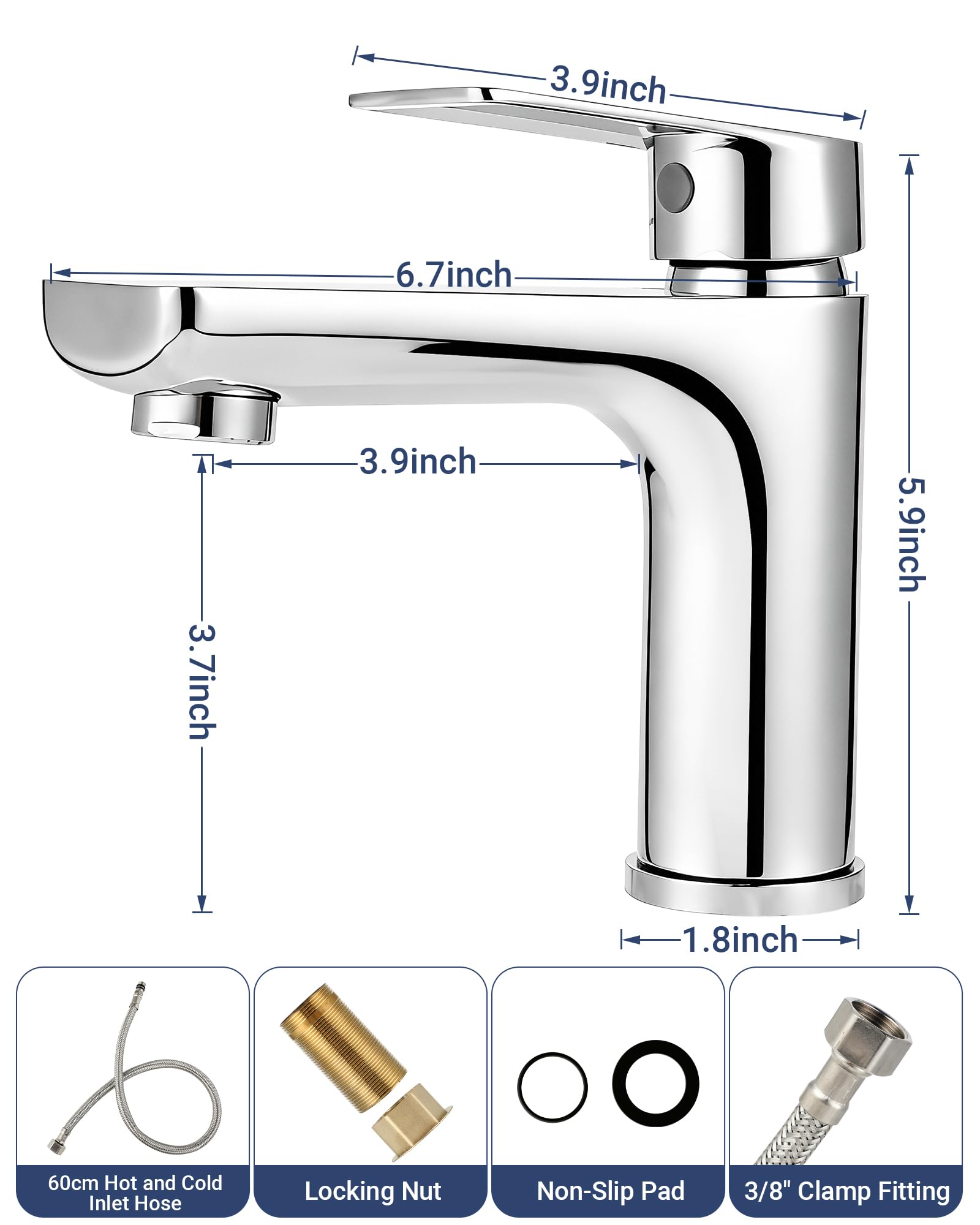 Rubinetto da bagno in acciaio inox, miscelatore monocomando per lavandino, rubinetto da bagno con tubo di collegamento da 60 mm, altezza erogatore 95 mm, risparmio energetico, rubinetto per lavabo per