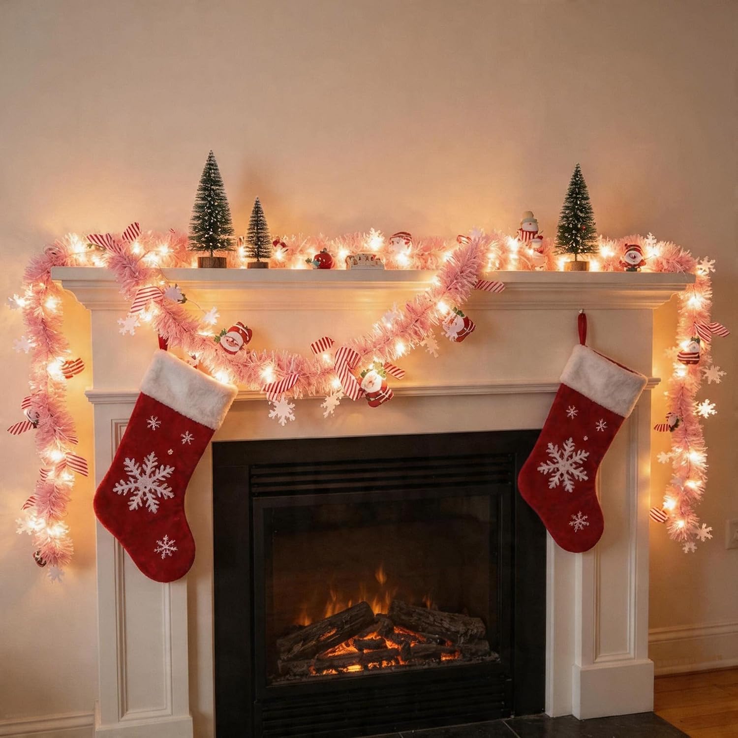 Christmas Garland Lime Lighted Tinsel Garland Christmas Decor, Pink