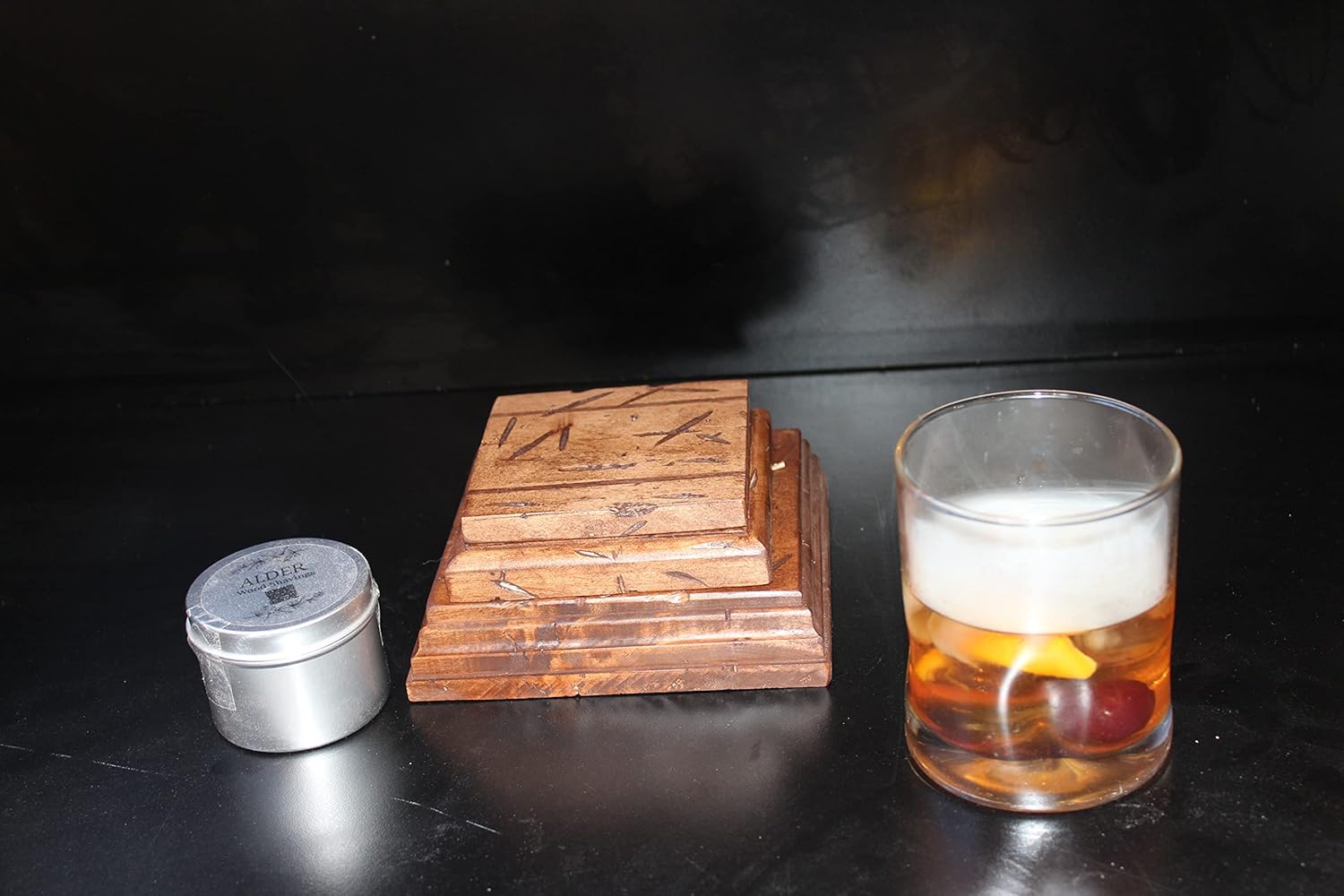 Cocktail Smoker- Copita Cocktail Smoker & Wood Shaving Base (Distressed) w/Alder Wood Shavings and Cotton Drawstring Bag, 5.5''x5.5''x2''