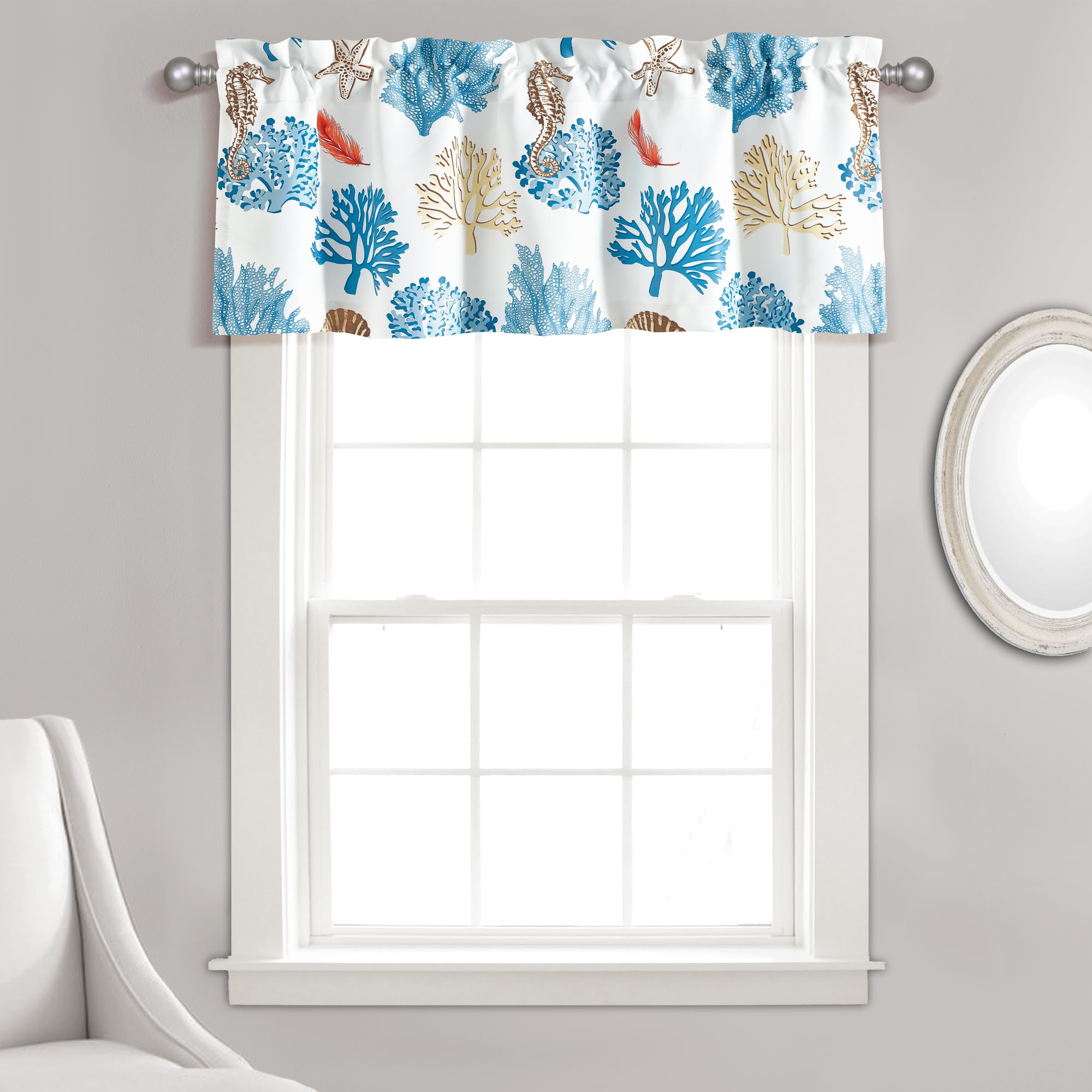 Lush Decor Coastal Reef Feather Light Filtering Window Curtain Valance, 18" L x 52" W, Blue & Coral