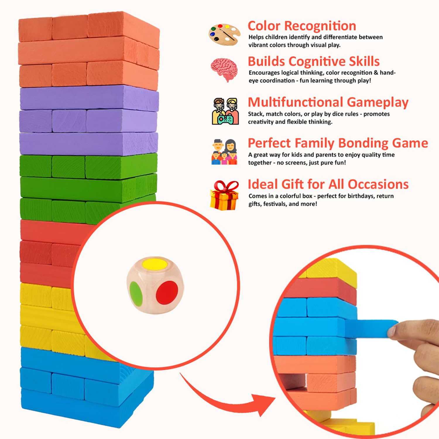 WUDLY® Colorful Wooden Stacking Tower Game for Kids & Adults - Montessori Tumbling Blocks with Dice - Educational Fun Toy for Family & Party (Color) - Image 4 thumbnail
