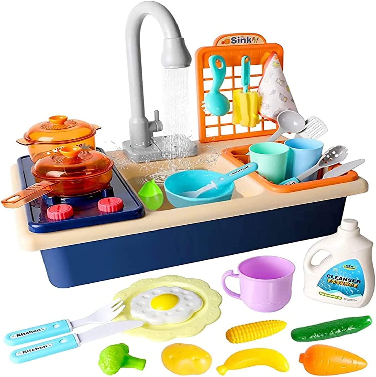 Beauenty Kitchen Sink Toys Water Playset Cooking Stove Play with Running Water House Wash Up