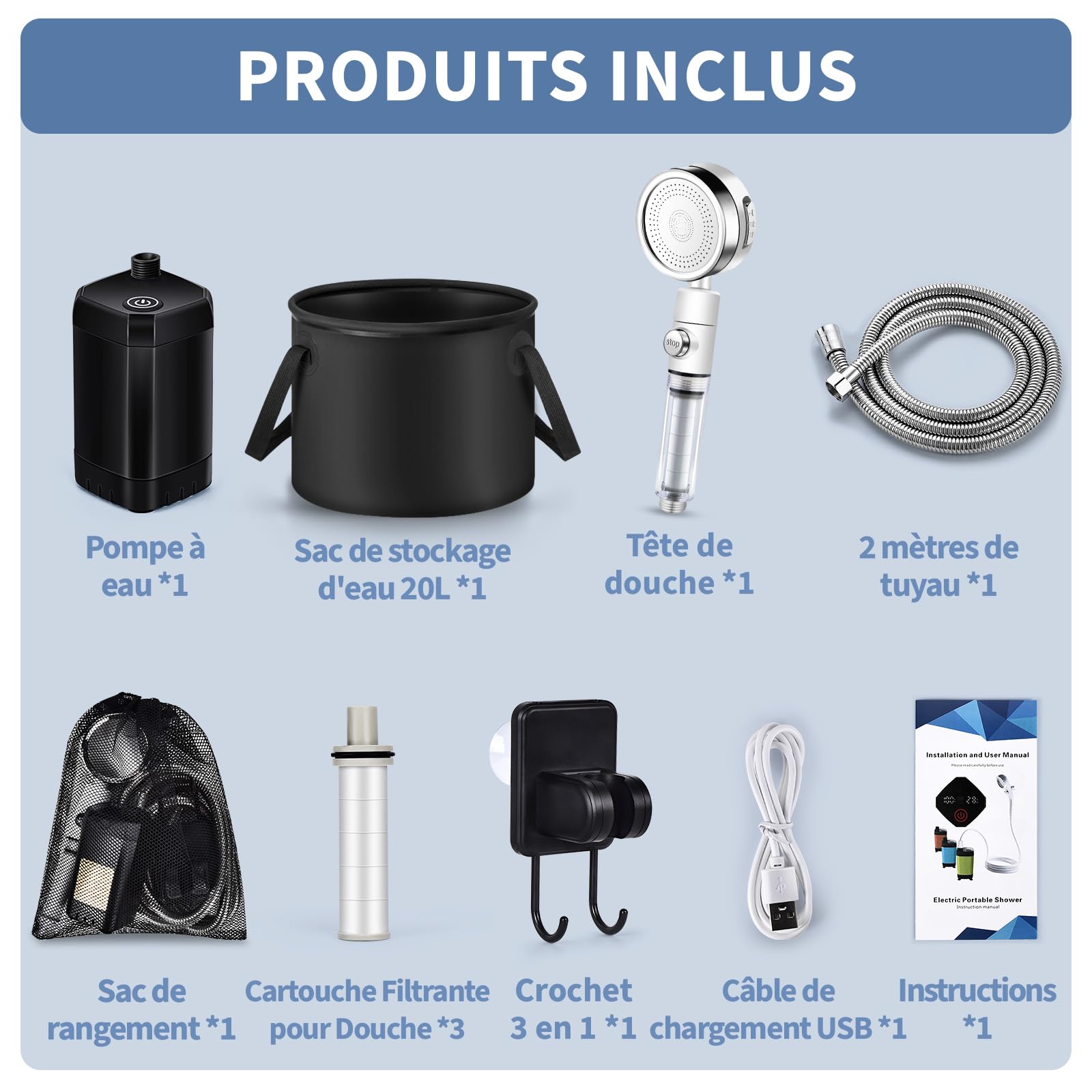YOOHBERRYS Douche Camping avec Filtrante, 6000mAh Pompe de Douche Électrique Rechargeable avec 4 Cartouche Filtrante, Affichage Intelligent de la Température 20L Seaupour Camping Randonnée Animaux