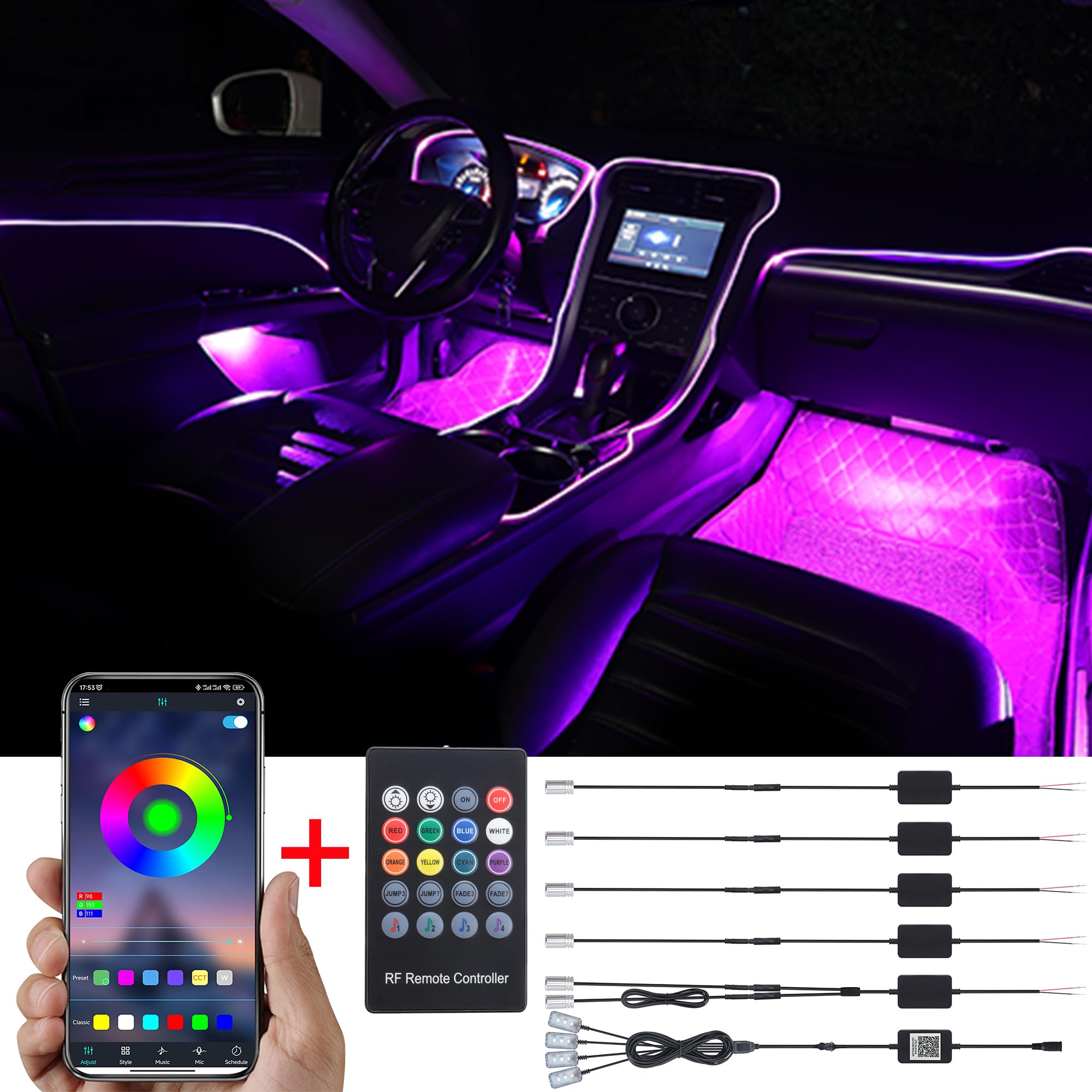 Luci Ambientali Auto APP E Telecomando - Fibra Ottica RGB, 64 Colori, 6 Metri - Foto 11