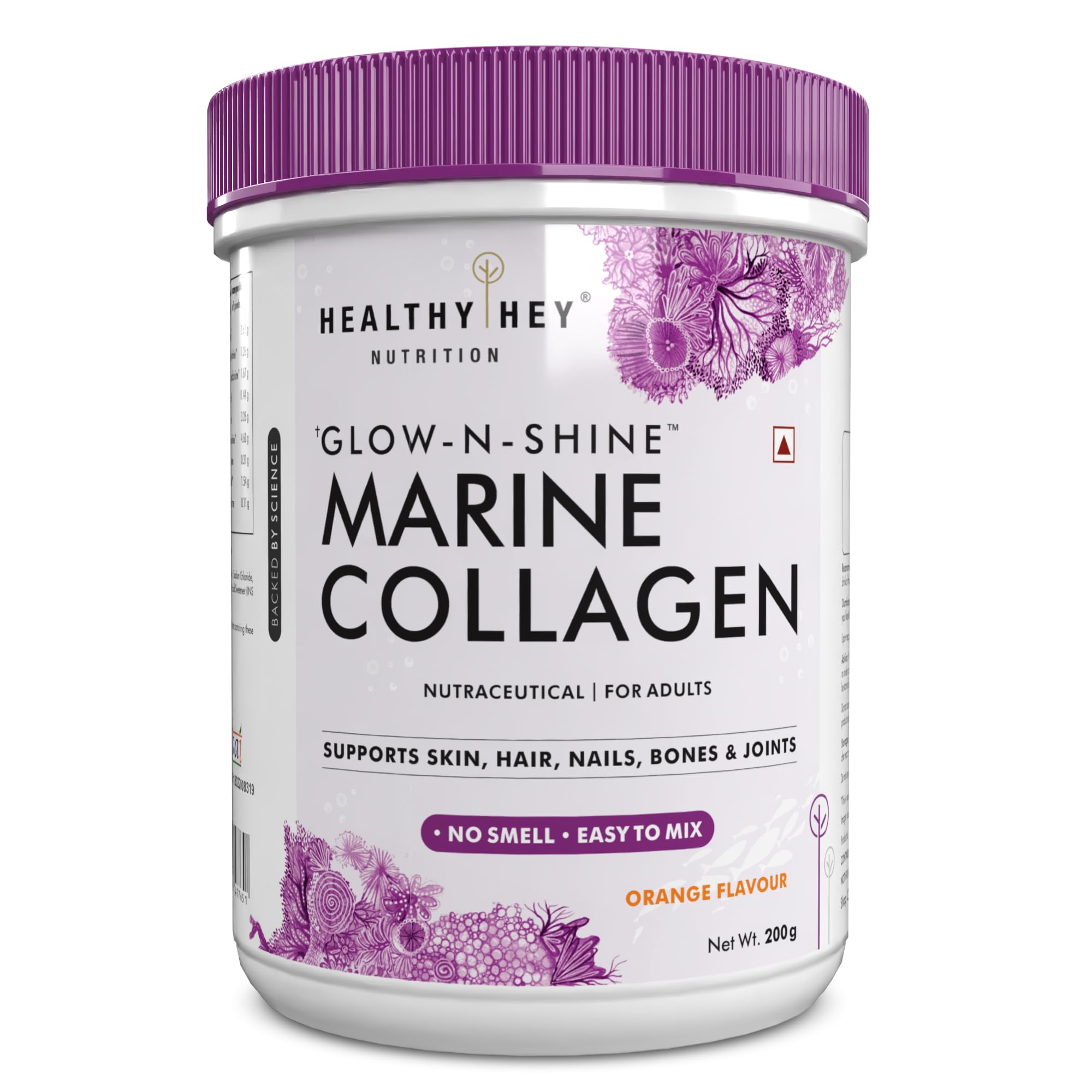 HealthyHey Glow-N-Shine Marine Collagen Peptides |Type 1 Collagen Protein Supplement with Hyaluronic Acid | Amino Acids for Skin, Hair, Nails | Paleo Friendly, Non-GMO (Orange Flavour, 200g)