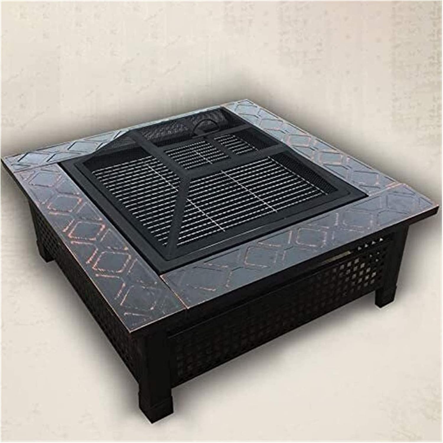 Garden Fire Pit Portable Grill Barbecue Rack 32'' Outdoor Fire Pit Table, Multi-Purpose Square Fireplace,Backyard Patio Garden Outside Wood Burning Heater,BBQ for Camping Backyard