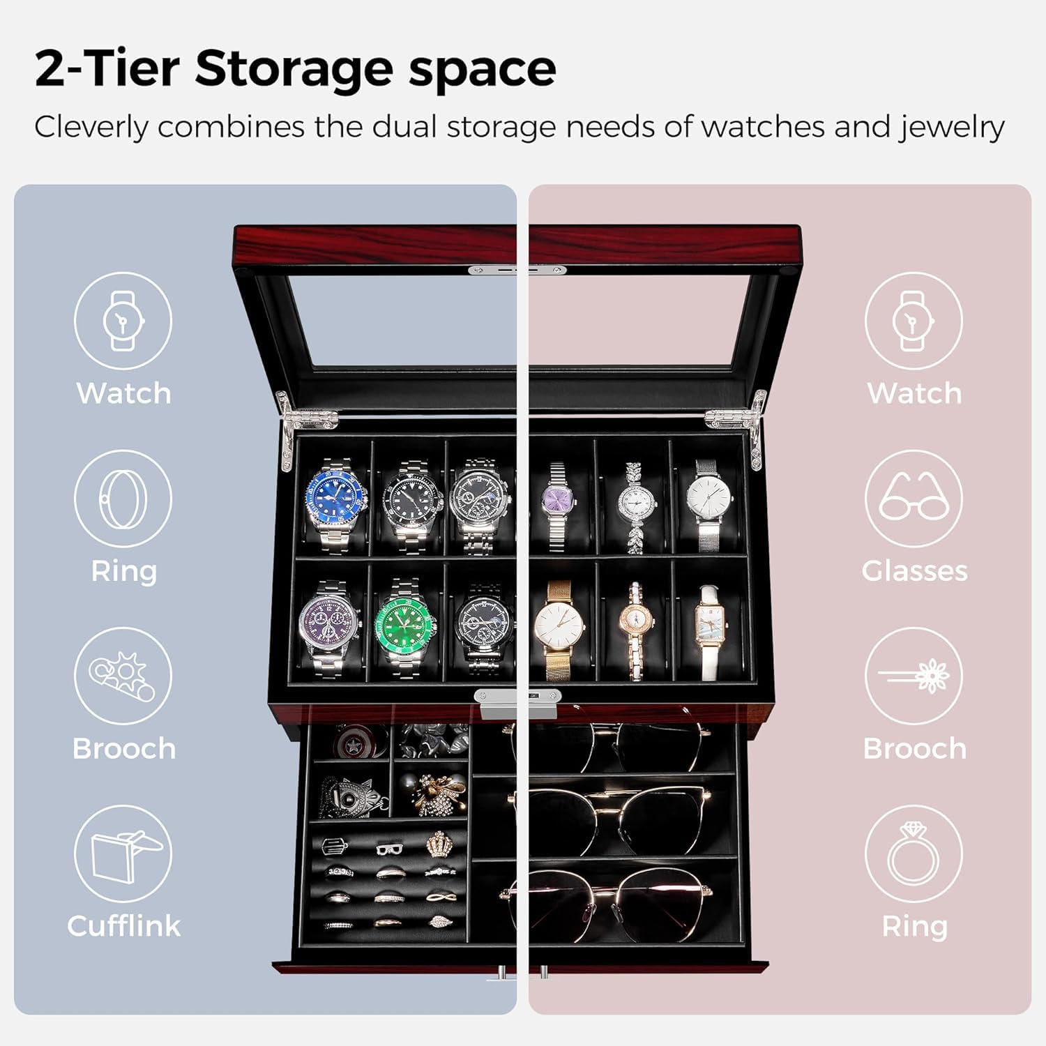 ANWBROAD Watch Box for Men, 12 slot Watch Cases with Glass Lid, 2-Layer Wooden Watch Display Case for Jewelry and Watch Organizer for Men Women, Ideal for Gifting with a Present Box, Lockable UJWB003Y - Image 3