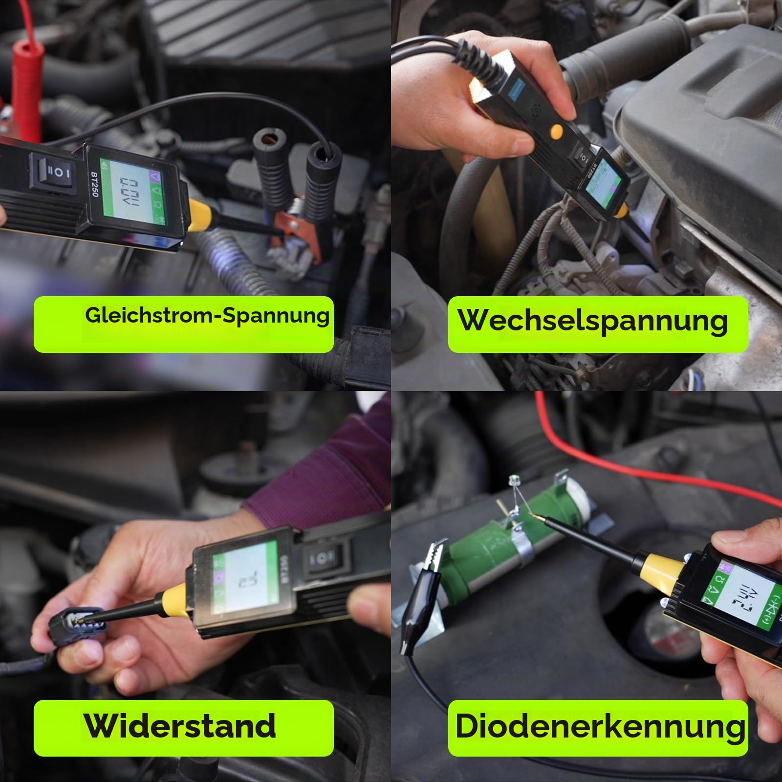 AUTOOL Auto Spannungsprüfer Stift, BT250 Digital Prüflampe kfz, 0V-65V DC/AC Stromprüfer mit Taschenlampe Maßnahmen Polarität Kontinuität für Autos und Motorrädern