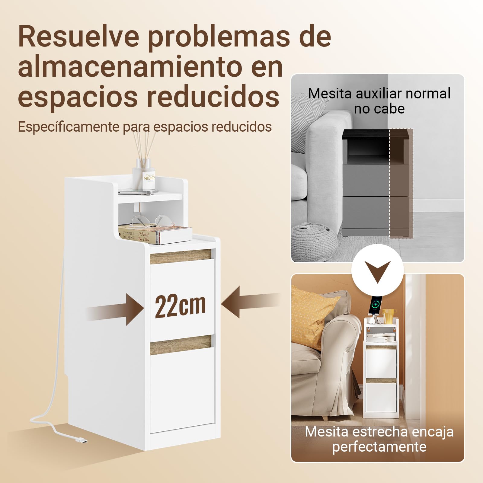SoBuy mesita de Noche Estrecha con Carga y lámpara LED táctil, 22x34x60.5cm | 22cm Mesa auxiliar con USB & Type-C, barra LED regulable USB cable 1,8 m, zócalo y antivuelco, para dormitorio FBT178-E-WN
