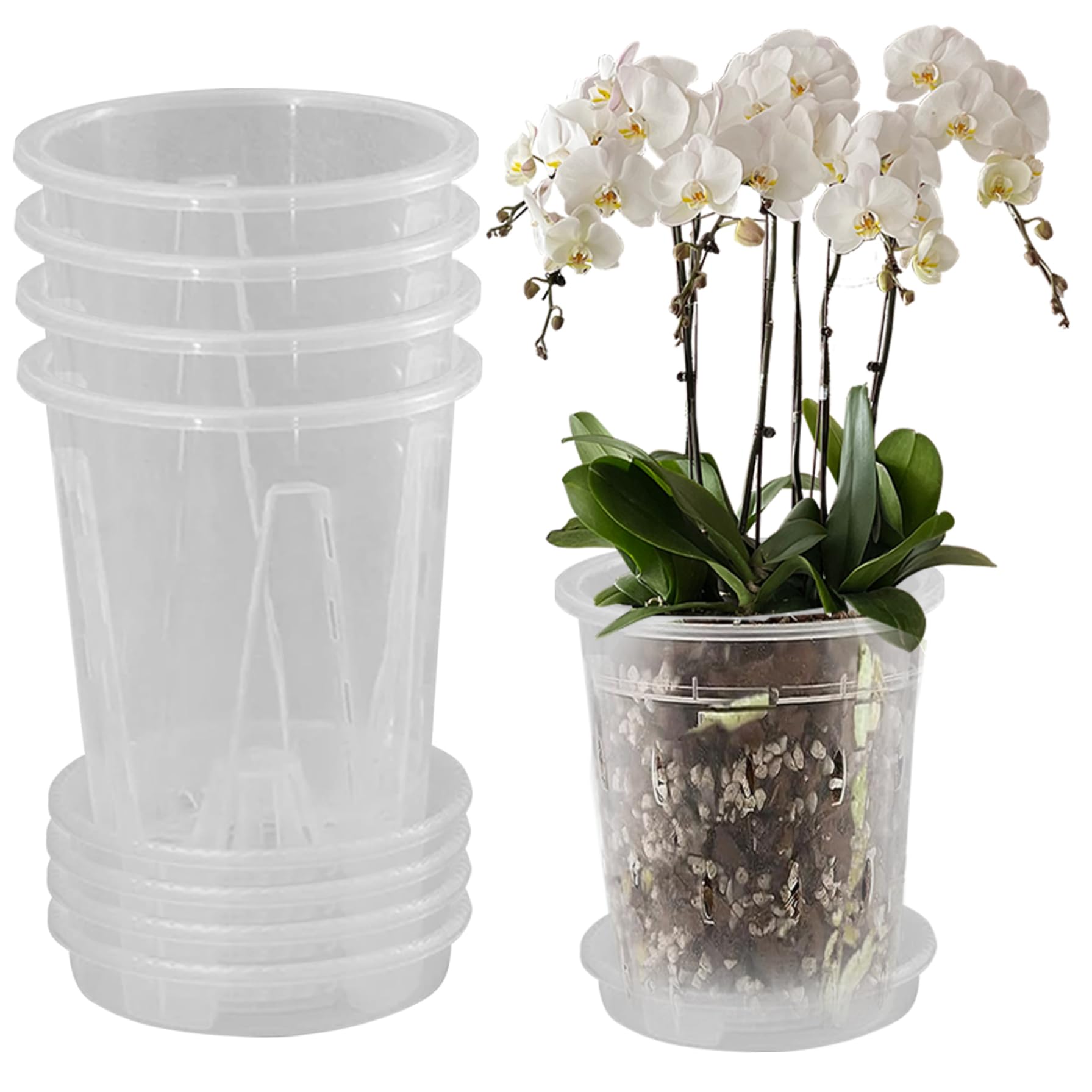 Orchid Pot with Saucers 5 Sets 4.7in Ventilated Orchid Planter Transparent Pot with Drainage Holes PP Odor-free Clear Pots for Plants, Small, Pots With Holes