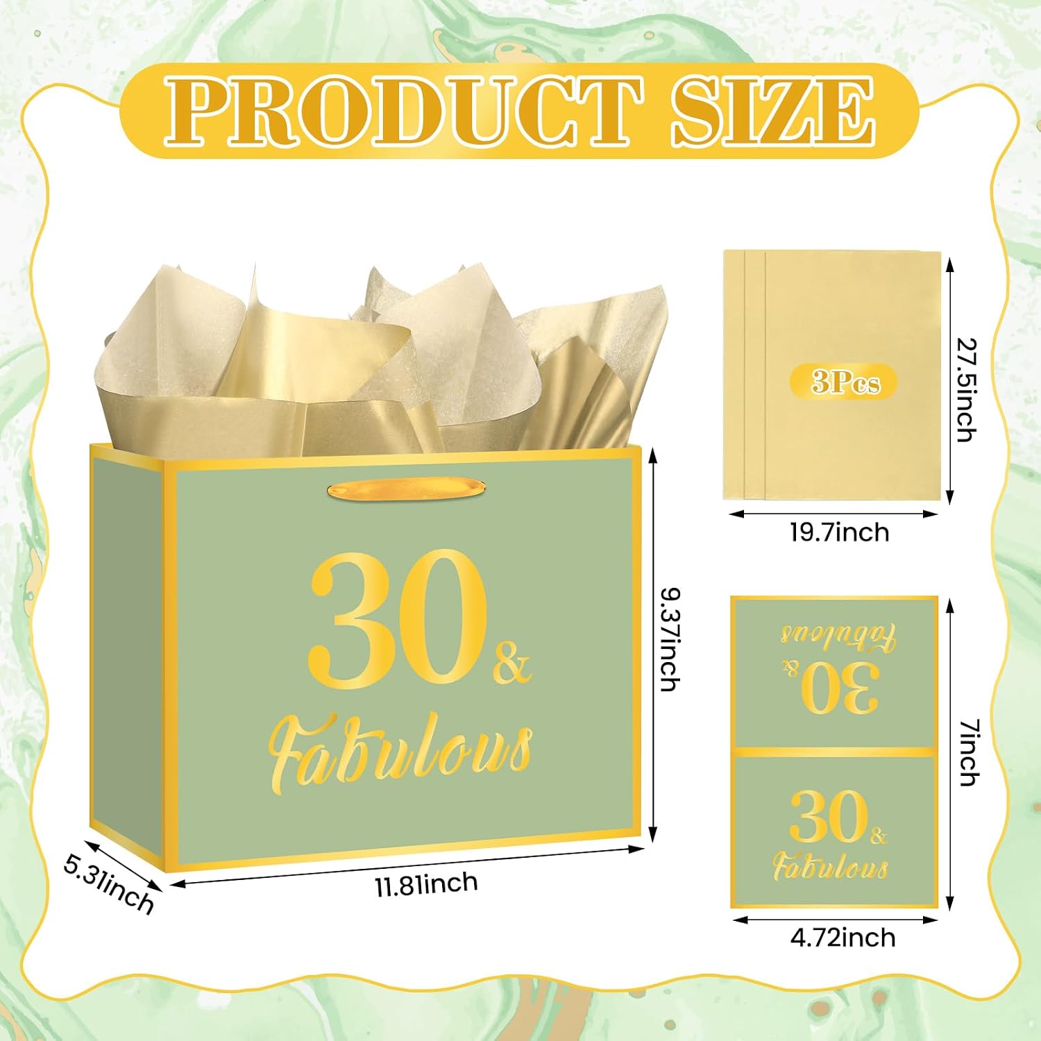 Yoirrat 30th Birthday Gift Bag for Women with 3 Tissue Paper and Card Large Sage Green Gold 30 & Fabulous Happy Bday Party Supplies Present Wrapping Favors for Her Mom Wife Sister Best Friend image 3