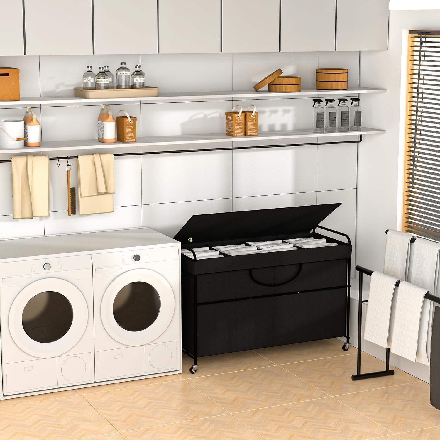 240L Large Laundry Hamper, 4 Compartment Laundry Basket with Lid, Removable Bag & Metal Structure with Industrial Wheels, Suitable for Bathroom, Dorm Room, Laundry Room (Black, 240L)