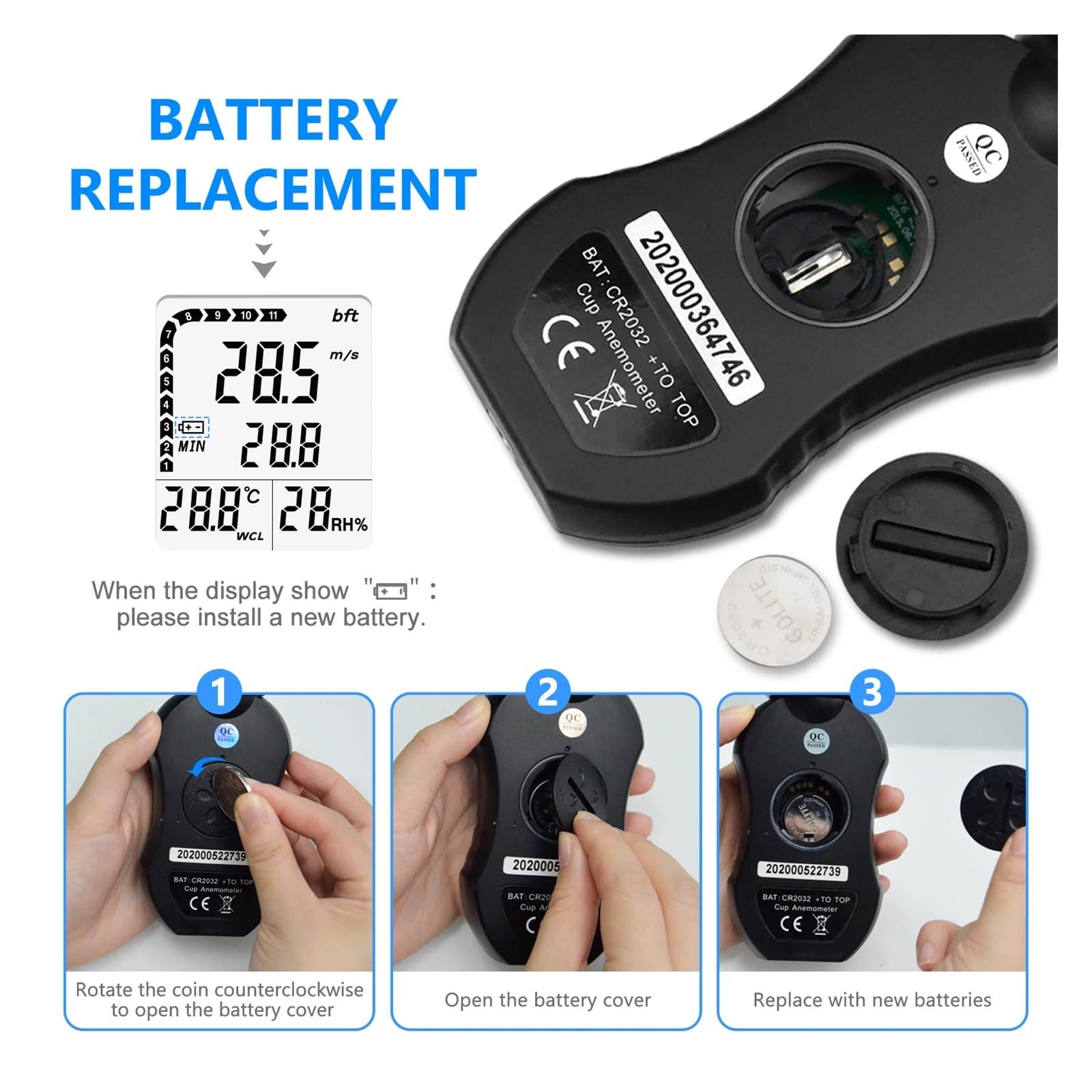Anemómetro Portátil, Medidor digital de velocidad del viento, anemómetro de mano con retroiluminación LED, selección de unidad, apto for viento, temperatura y humedad.