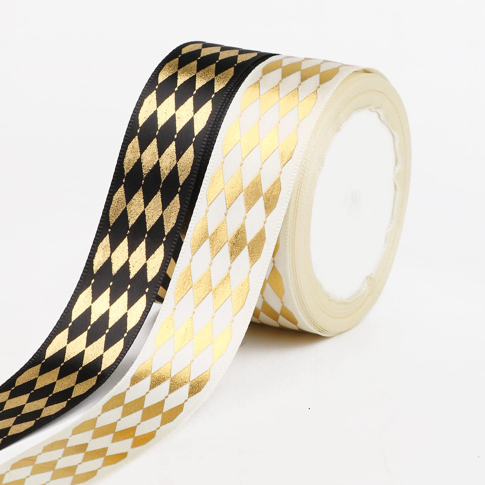 Black White Harlequin Ribbon 1 Inch,Black and White Checkered Ribbon Decorative Ribbons for Christmas Tree,Gift Wrapping,Wreath,Crafts(2 Rolls, 20 Yard)