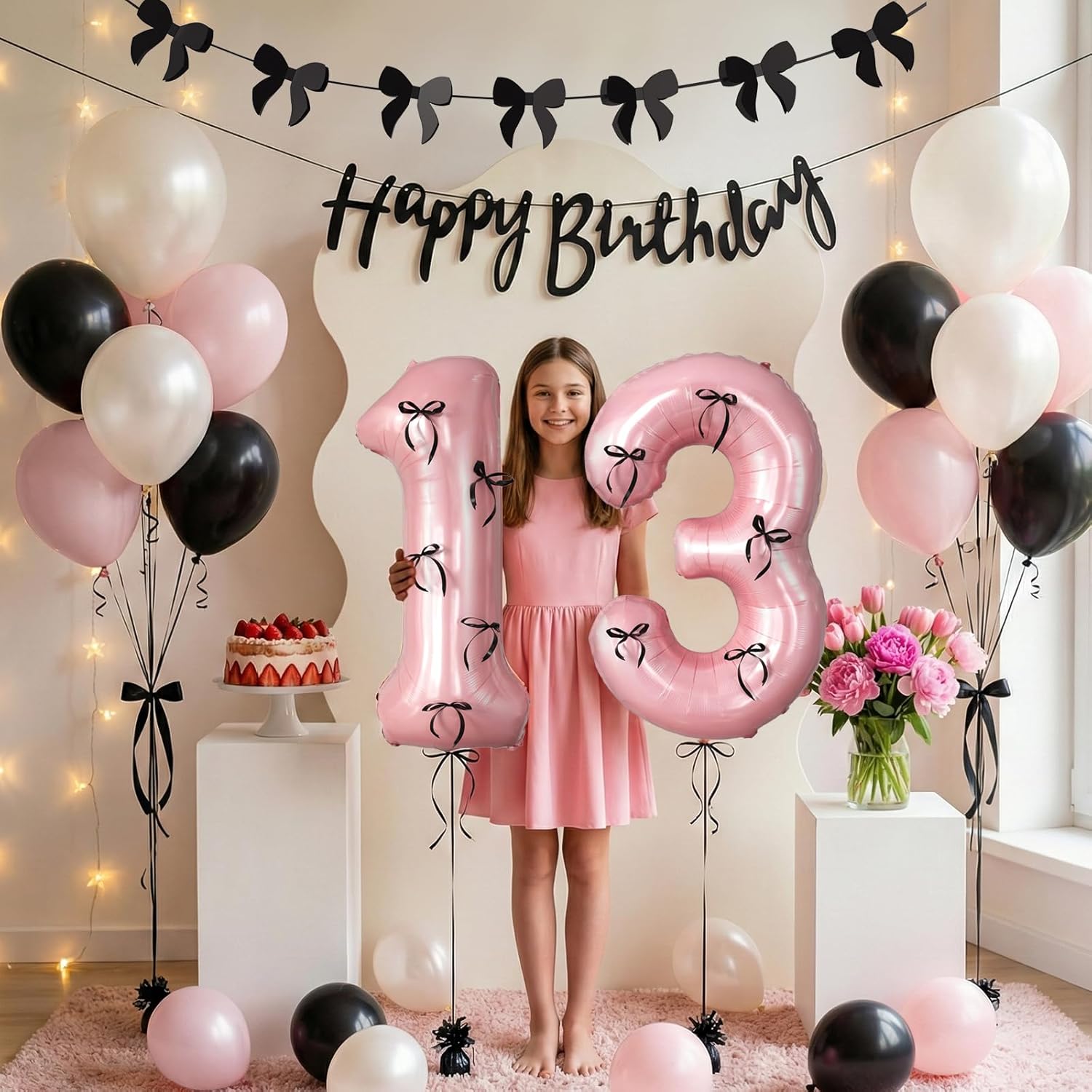 38Pcs Happy 13th Birthday Decorations for Girls White Pink and Black Birthday Balloons/13 Balloon Numbers/Black Happy Birthday Banner/Butterfly Banner, 13 Year Old Girl Birthday Party Decor Supplies