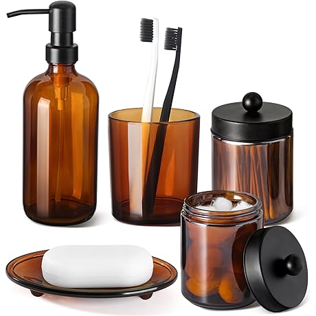 GMISUN Bathroom Accessories Set, Amber Glass Toothbrush Holder and Other Accessories