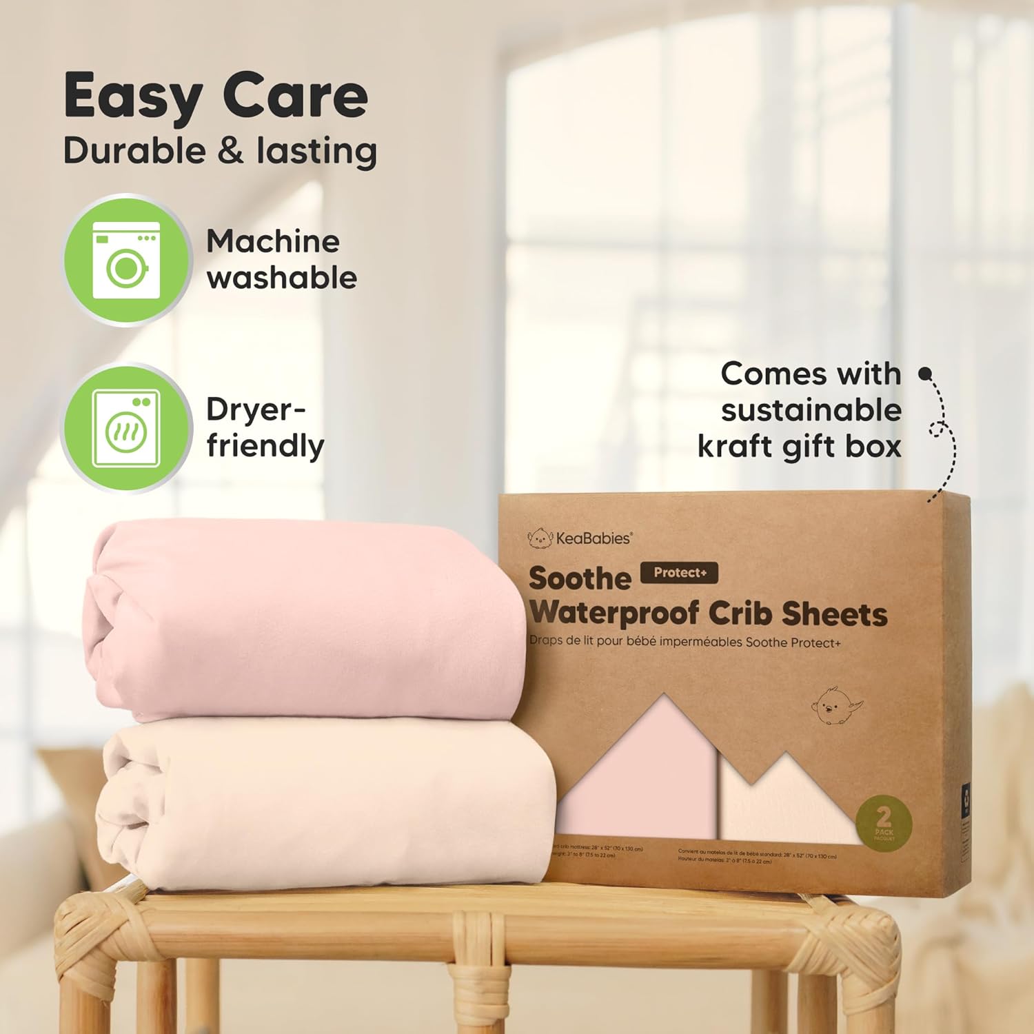 2-Pack Waterproof Crib Sheets for Boys, Girls - 52x28 Fitted Organic Cotton Baby Crib Sheets, Toddler Mattress Protector Cover, Washable, Soft & Durable Baby Bedding Essentials (Cameo)