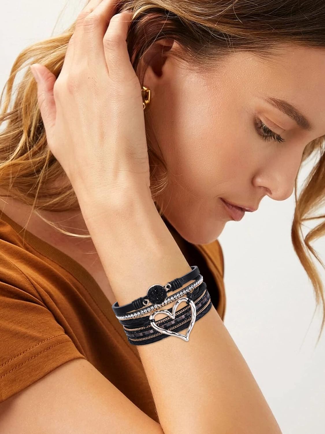 Frodete Leather Wrap Bracelets for Women Stackable Bracelets Boho Bracelets for Women Heart Charm Bracelet Western Jewelry Gifts - Image 4