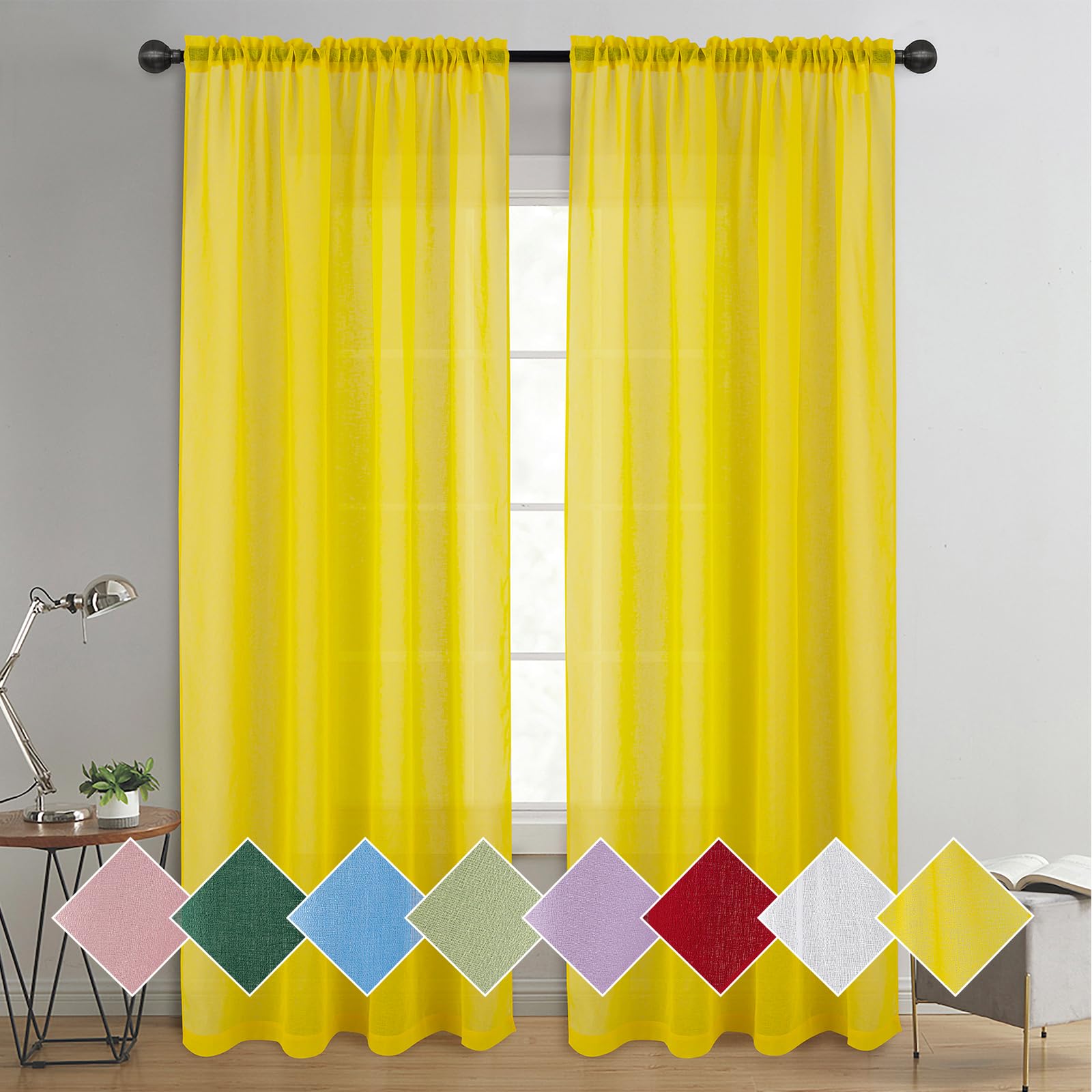 Tony's collection Yellow Sheer Curtains 96 Inches Long, Faux Linen Semi Sheer Drapes Voile Curtains for Living Room Dining Room Girls Bedroom(34x95 inch, Yellow, 2 Panels)