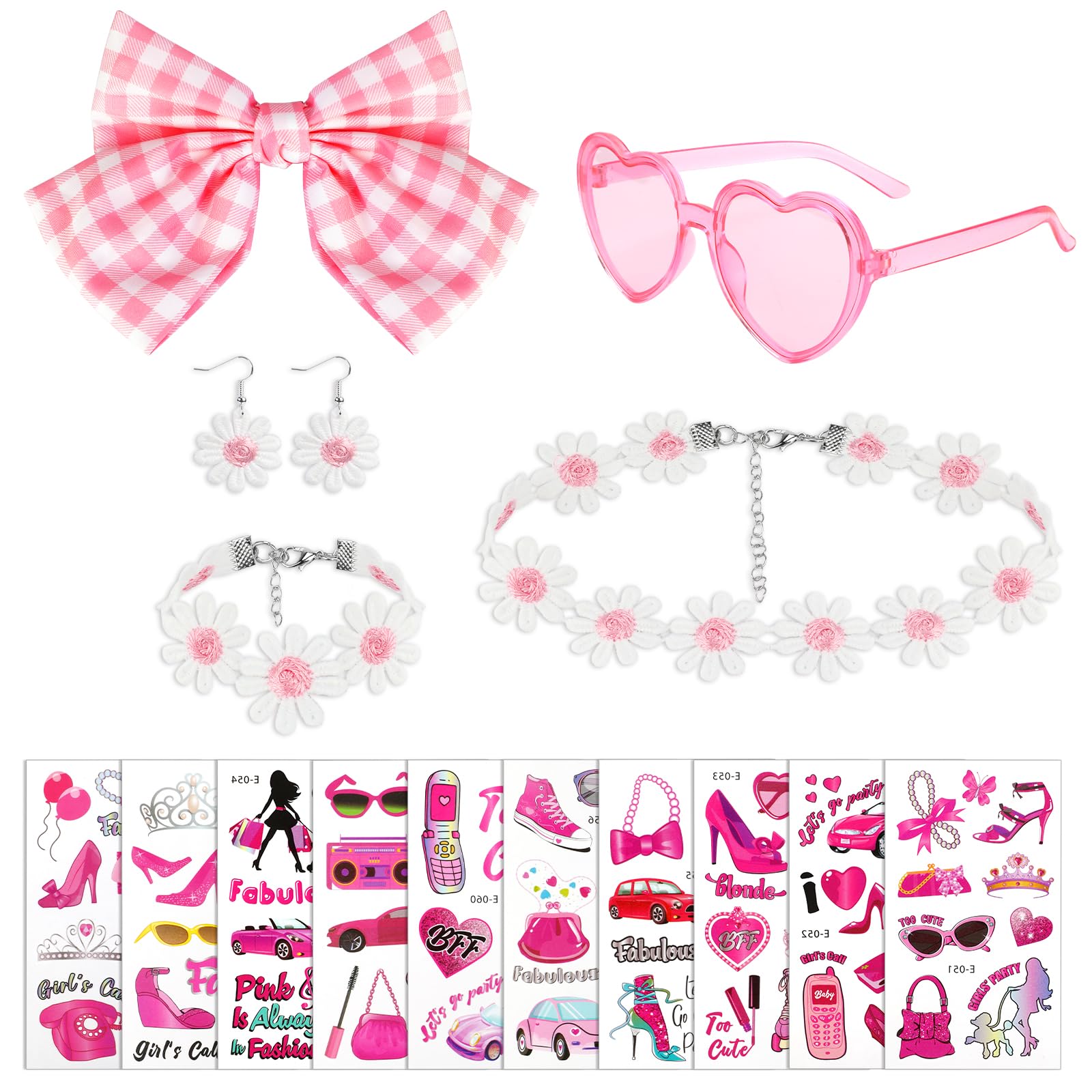 HOWAF 80s Fancy Dress for Women - Pink Sunglasses, Hair Clips, Flower Necklace, Earrings, Bracelet, Temporary Tattoos - Accessories for Women Girls Pink Ladies