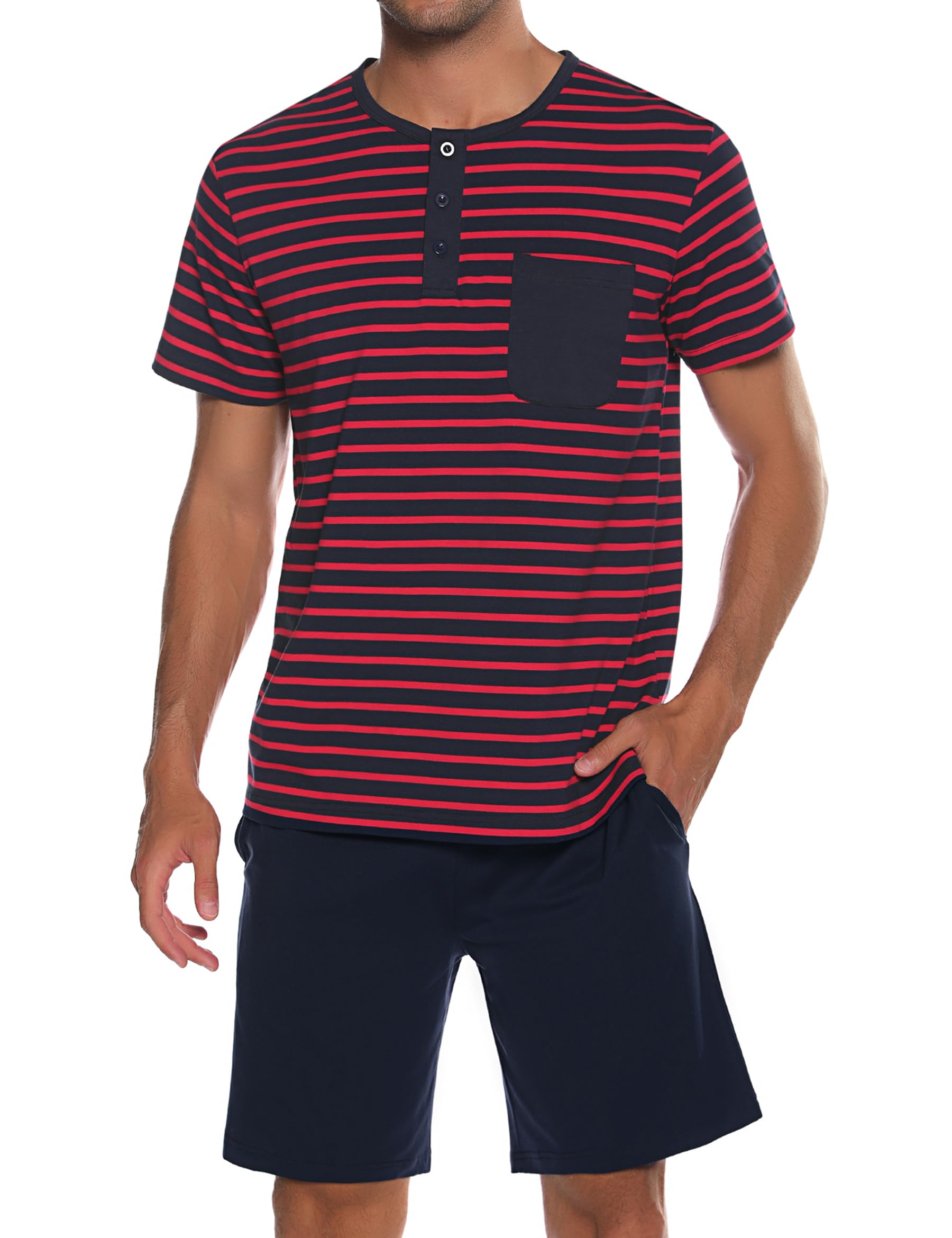 Leversic Schlafanzug Herren Kurz aus Baumwolle mit Kontraststreifen Design, Sommer Pyjama Set Oberteile und Kurze Hosen für Vater und Partner, 205-Rot, 4XL