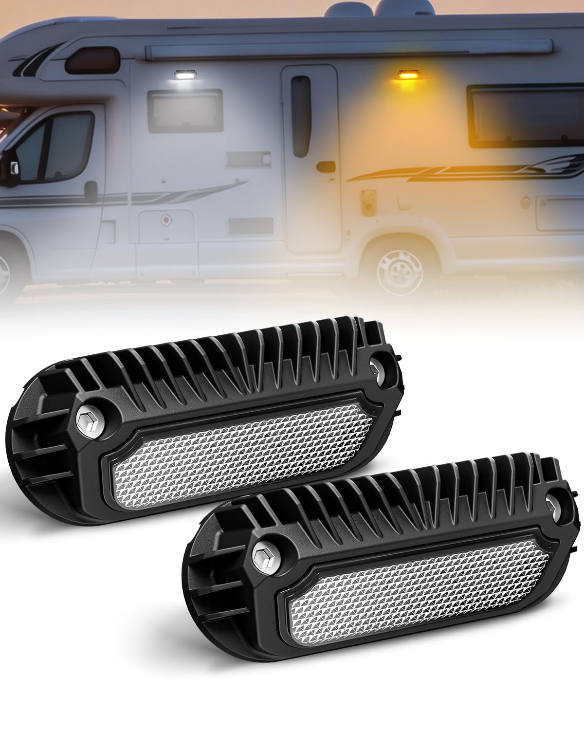 Eclairage Exterieur Camping Car Lampe LED Camping Car 12V Lampe pour Auvent Caravane Lumière 6500K Blanc et 3000K Jaune 800LM IP68 pour RV Van Bateau Camion 2 Pièces