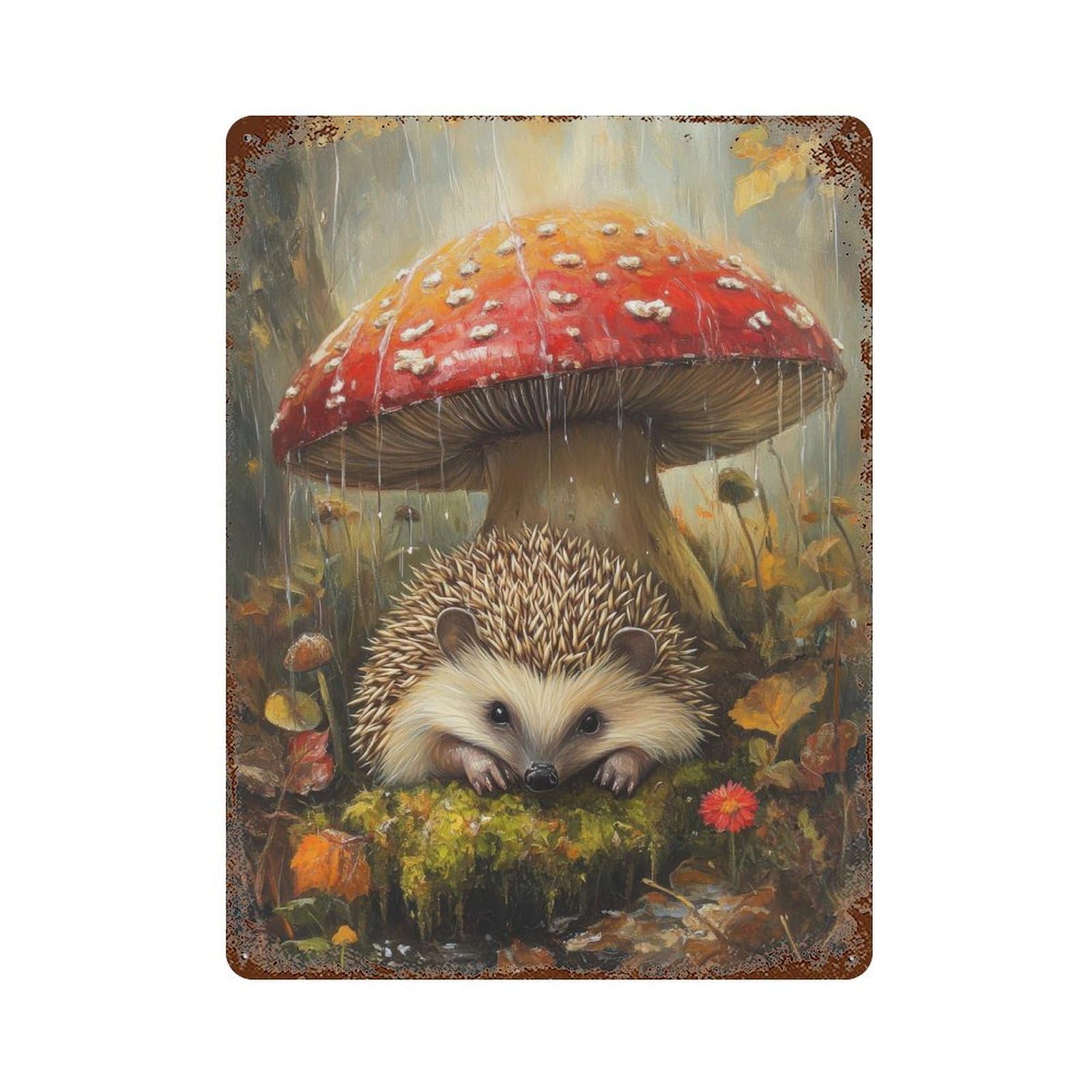 Hedgehog Under Mushroom Cottagecore Decor Dark Academia Enchanted Illustration Vintage Woodland Rustic Aesthetic Wall Decor Art Metal Tin Poster Modern Home Decor Art Home Bar Shop Decorations Vintag